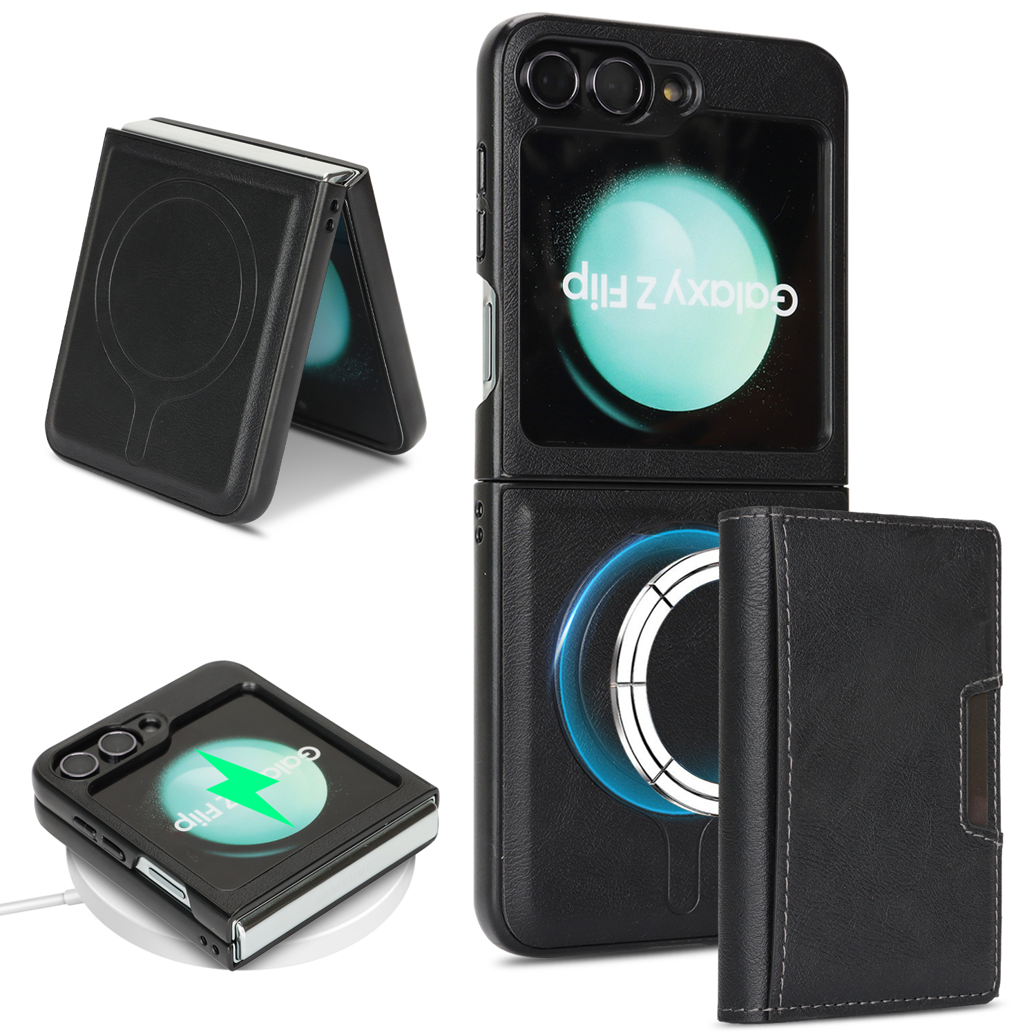 For Samsung Galaxy Z Flip6 5G Kickstand Case Tri-fold Card Bag PU Leather Coated TPU Cover Magnetic Case - Black