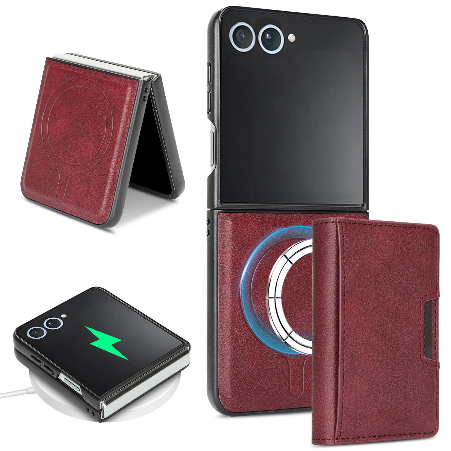 For Samsung Galaxy Z Flip7 5G Kickstand Case Tri-fold Card Bag PU Leather Coated TPU Cover Magnetic Case - Red