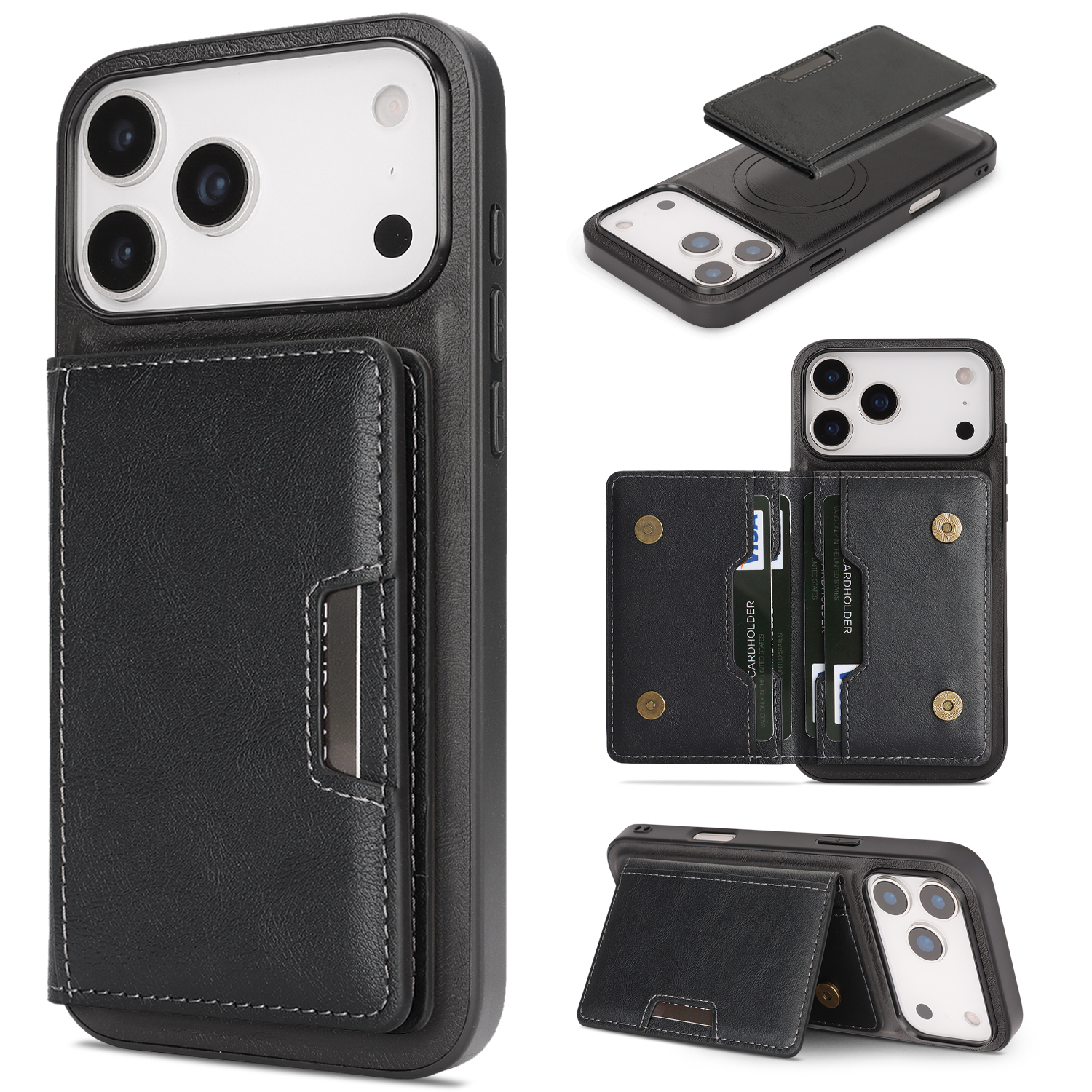 For iPhone 17 Pro Max Kickstand Case Bi-fold Card Bag PU Leather Coated TPU Cover Compatible with MagSafe - Black