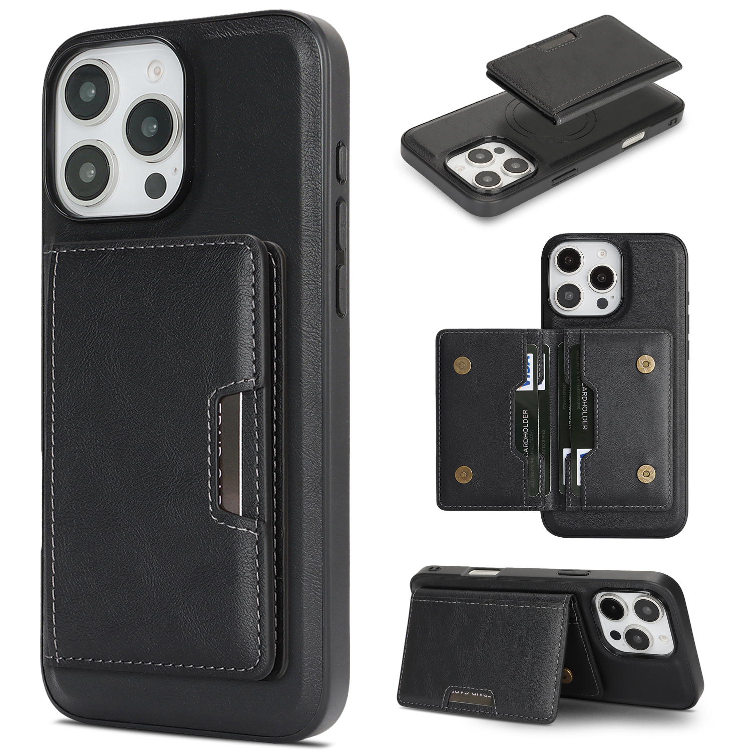 For iPhone 15 Pro Max Kickstand Case Bi-fold Card Bag PU Leather Coated TPU Cover Compatible with MagSafe - Black