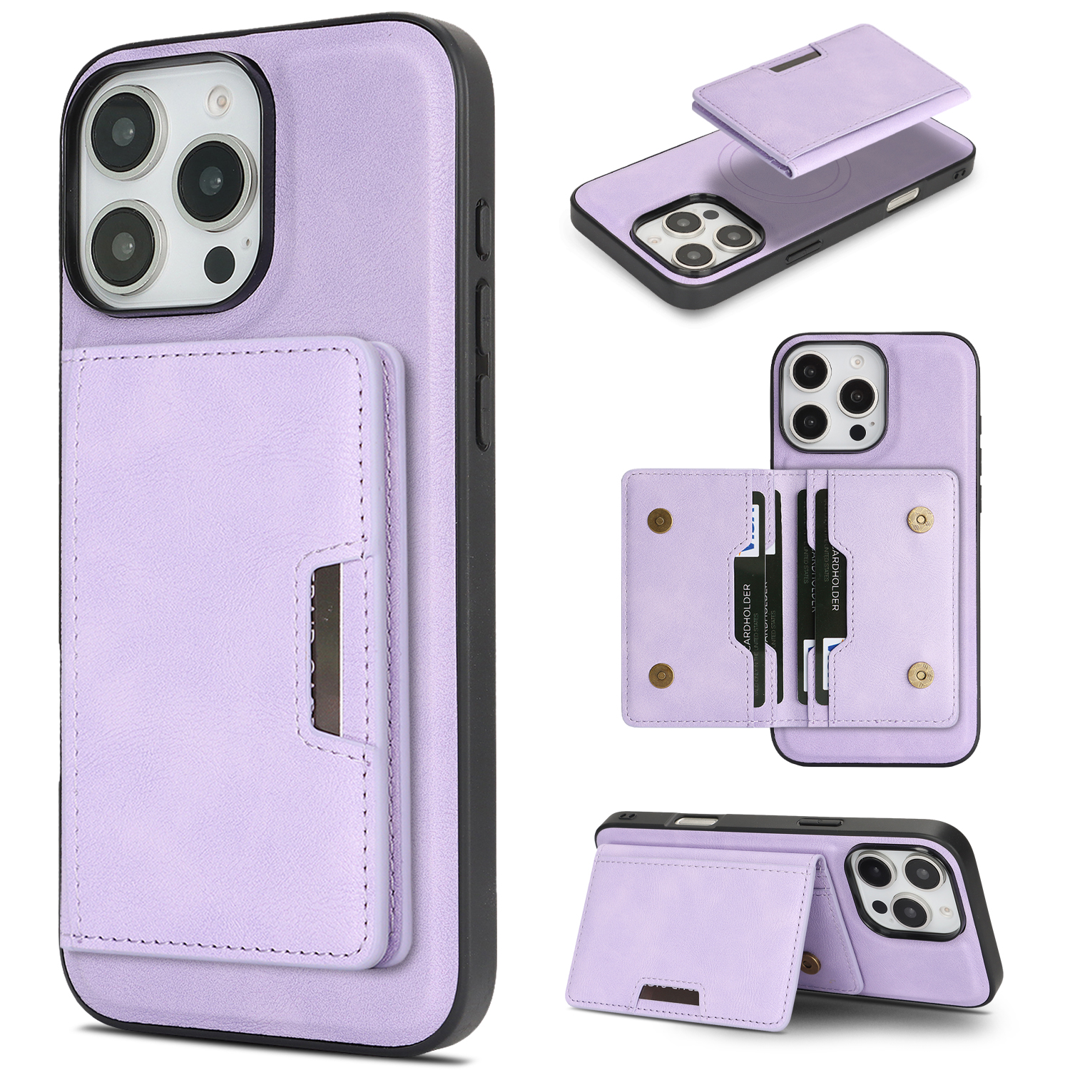 For iPhone 14 Pro Max Kickstand Case Bi-fold Card Bag PU Leather Coated TPU Cover Compatible with MagSafe - Purple