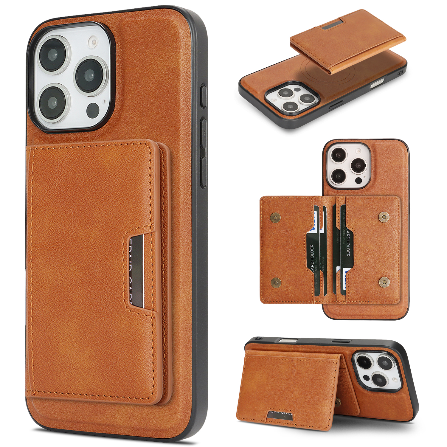 For iPhone 14 Pro Kickstand Case Bi-fold Card Bag PU Leather Coated TPU Cover Compatible with MagSafe - Brown