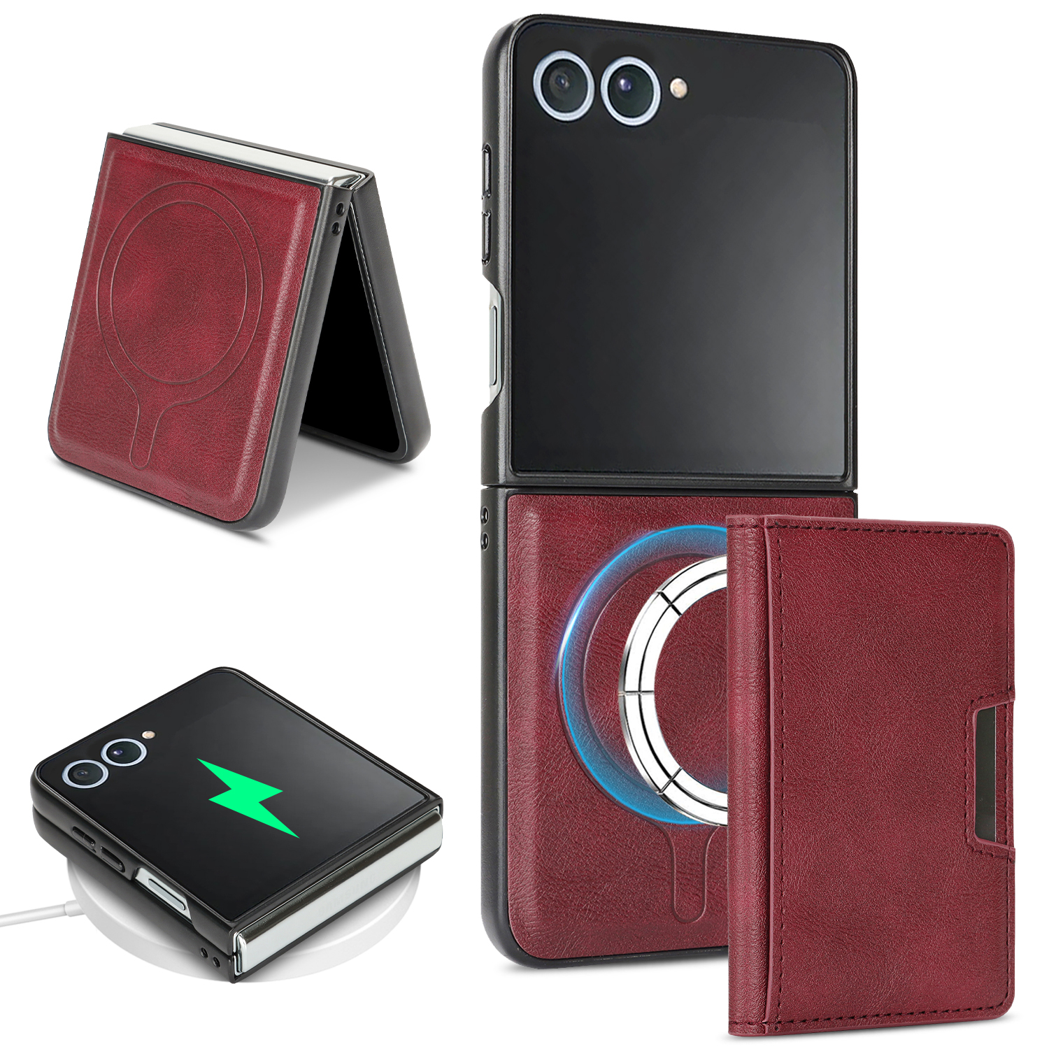 For Samsung Galaxy Z Flip7 5G Kickstand Case Bi-fold Card Bag PU Leather Coated TPU Cover Magnetic Case - Red