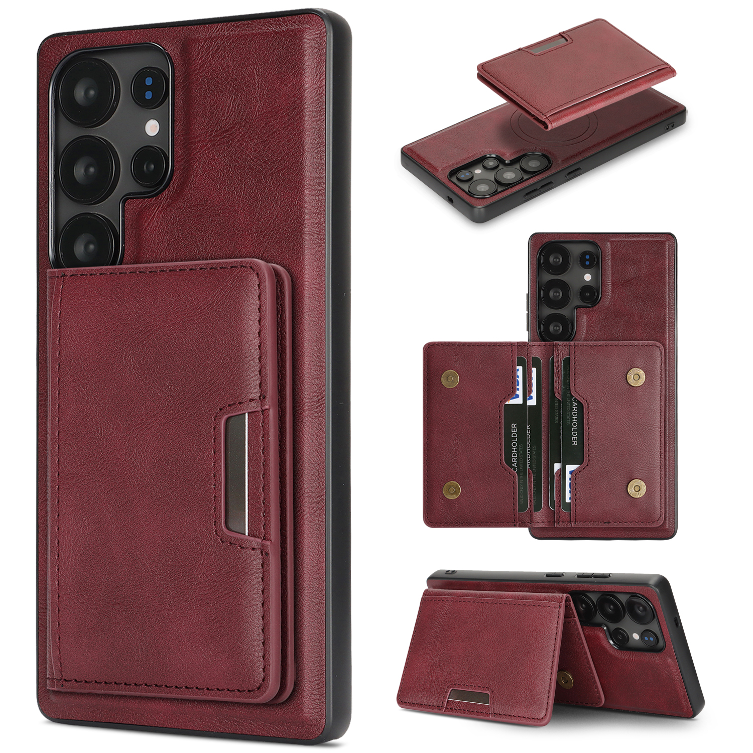 For Samsung Galaxy S24 Ultra Kickstand Case Bi-fold Card Bag PU Leather Coated TPU Cover Magnetic Case - Red