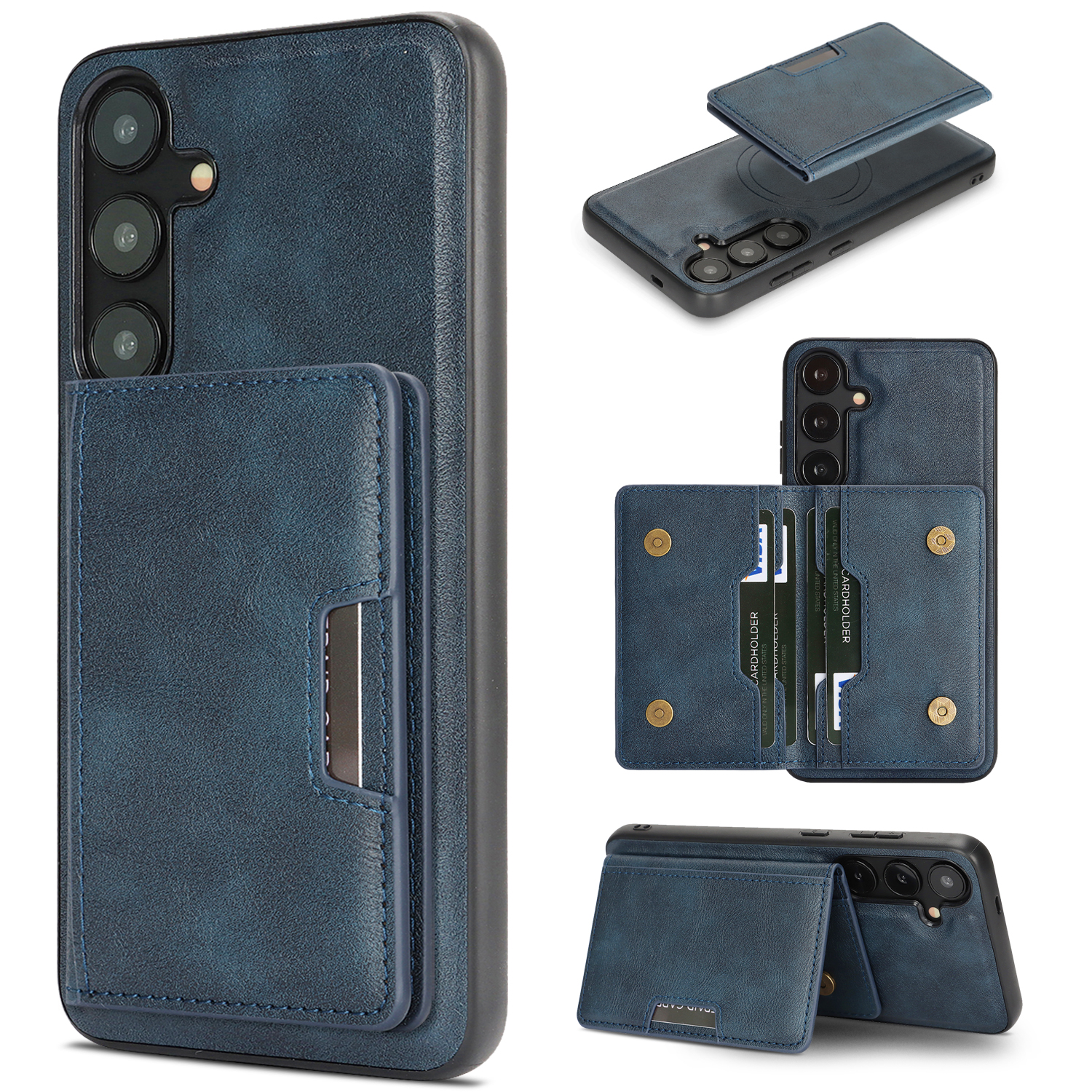For Samsung Galaxy S25 Kickstand Case Bi-fold Card Bag PU Leather Coated TPU Cover Magnetic Case - Blue
