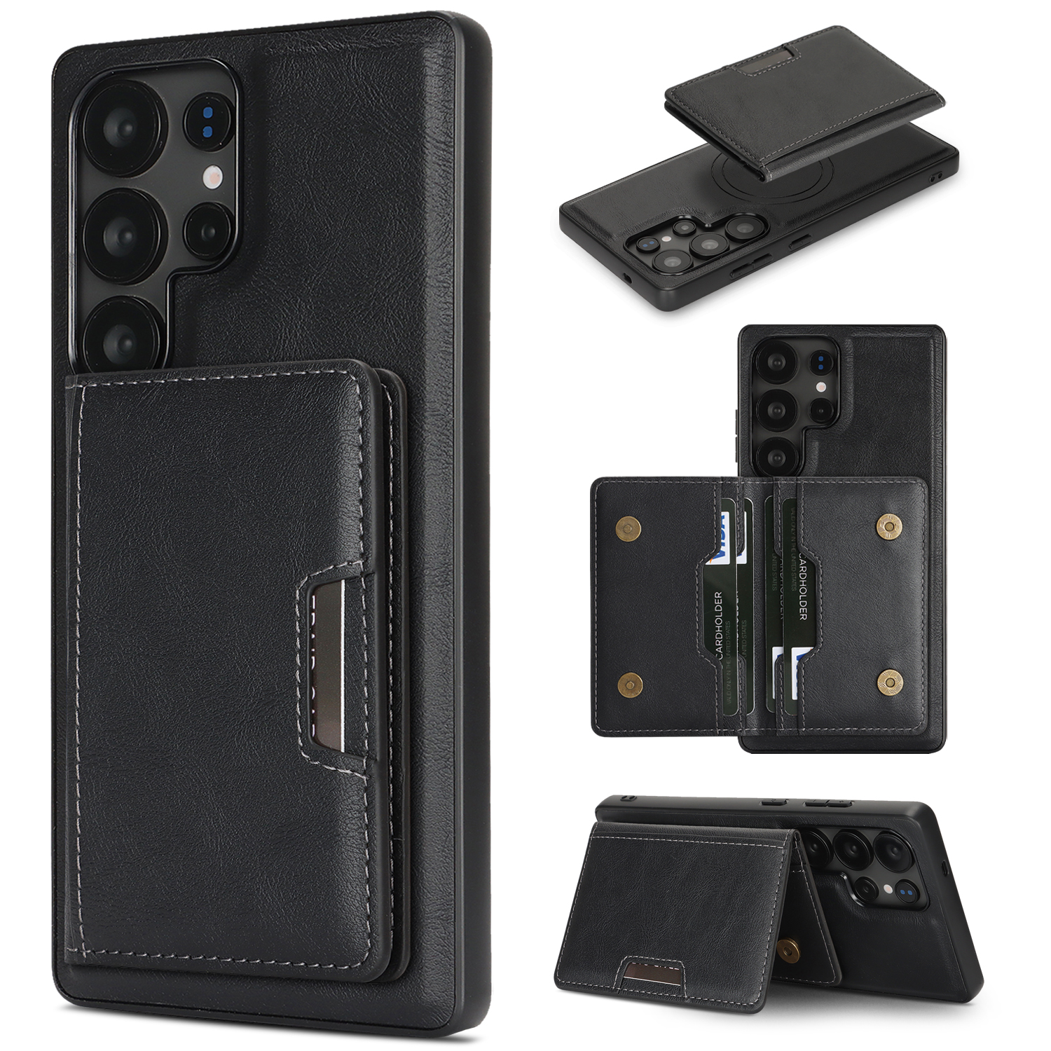 For Samsung Galaxy S25 Ultra Kickstand Case Bi-fold Card Bag PU Leather Coated TPU Cover Magnetic Case - Black