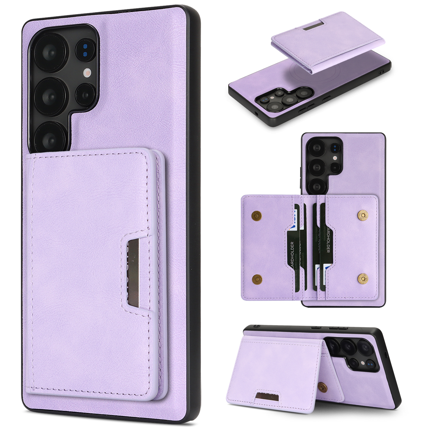 For Samsung Galaxy S25 Ultra Kickstand Case Bi-fold Card Bag PU Leather Coated TPU Cover Magnetic Case - Purple