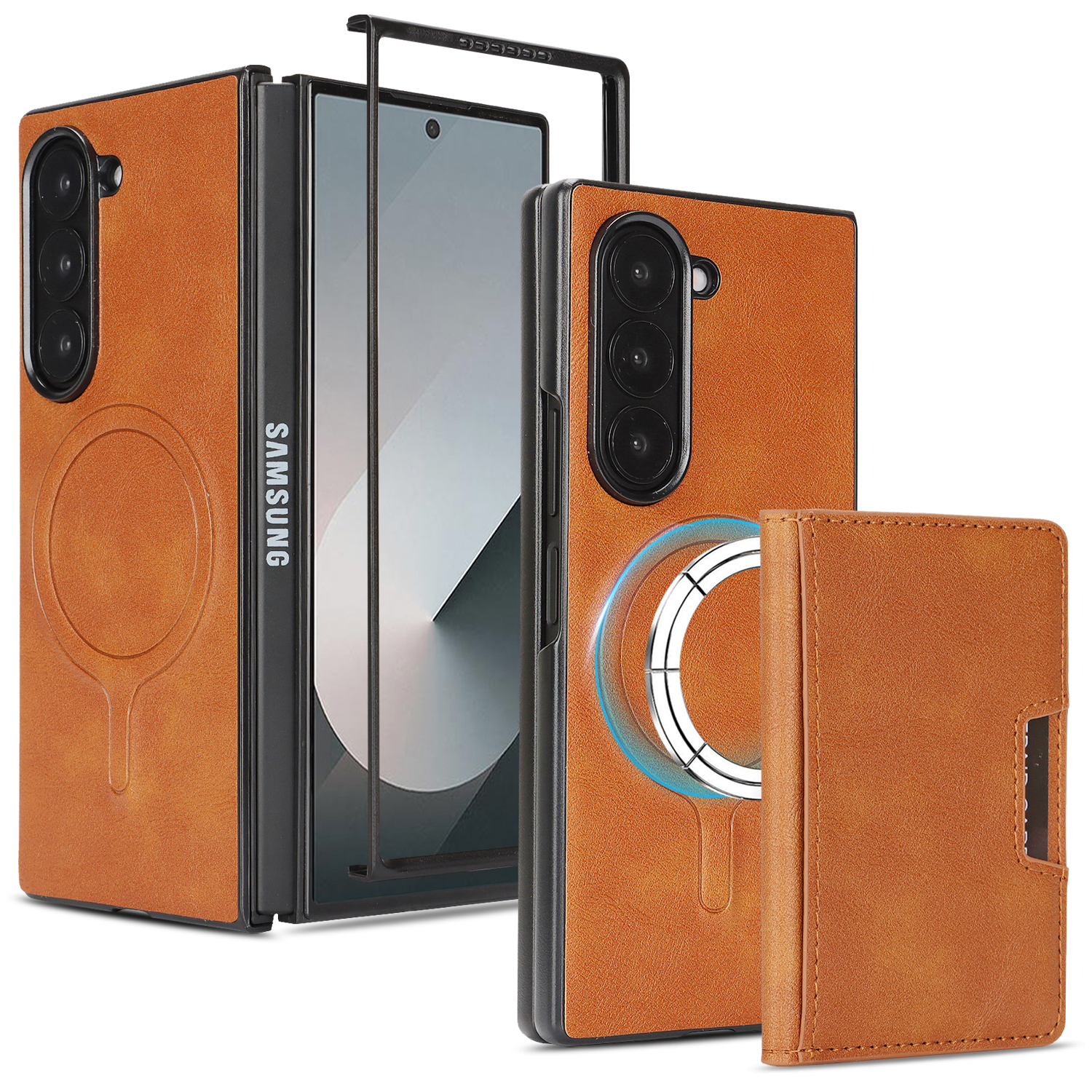 For Samsung Galaxy Z Fold6 5G Kickstand Case Bi-fold Card Bag PU Leather Coated TPU Cover Magnetic Case - Brown