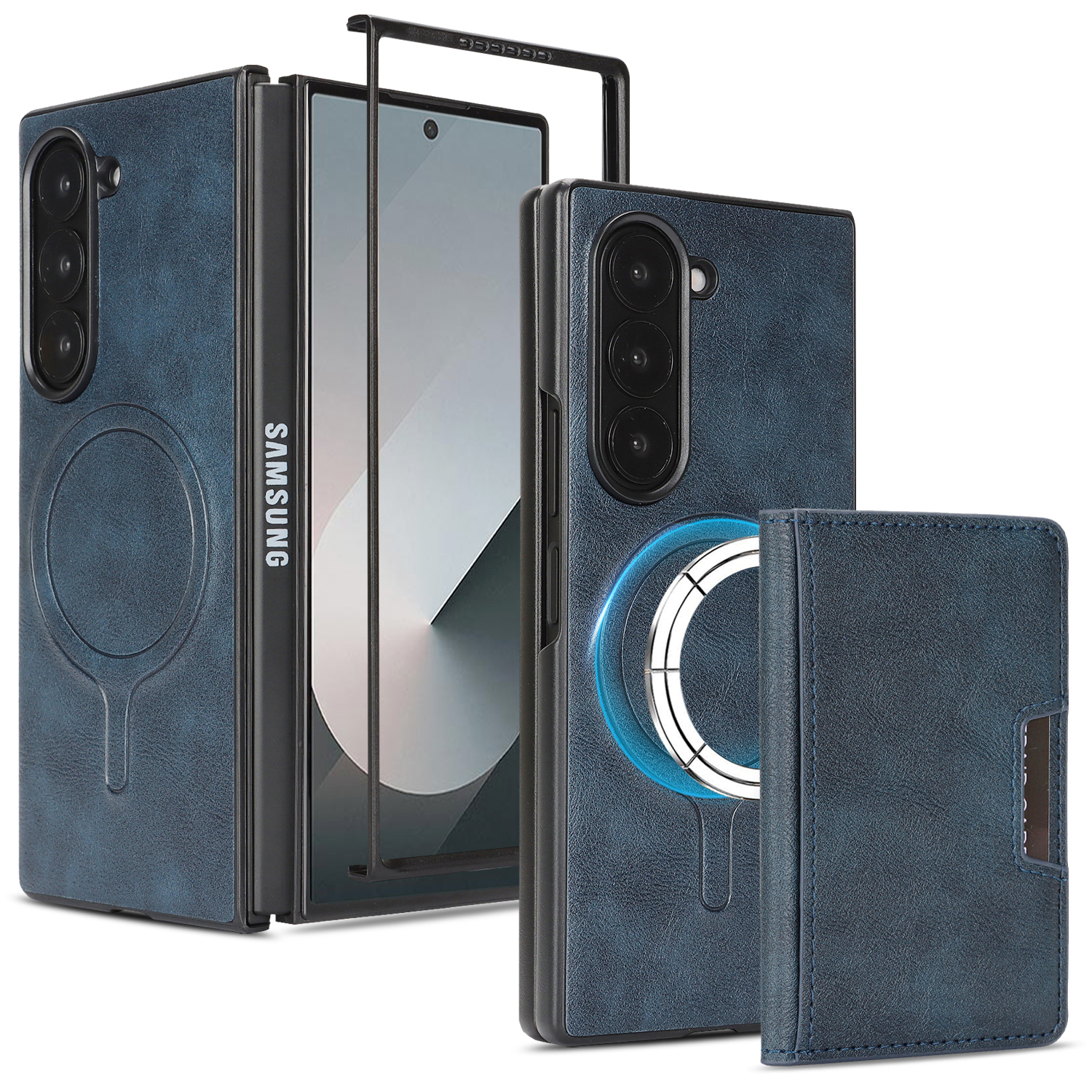 For Samsung Galaxy Z Fold7 5G Kickstand Case Bi-fold Card Bag PU Leather Coated TPU Cover Magnetic Case - Blue