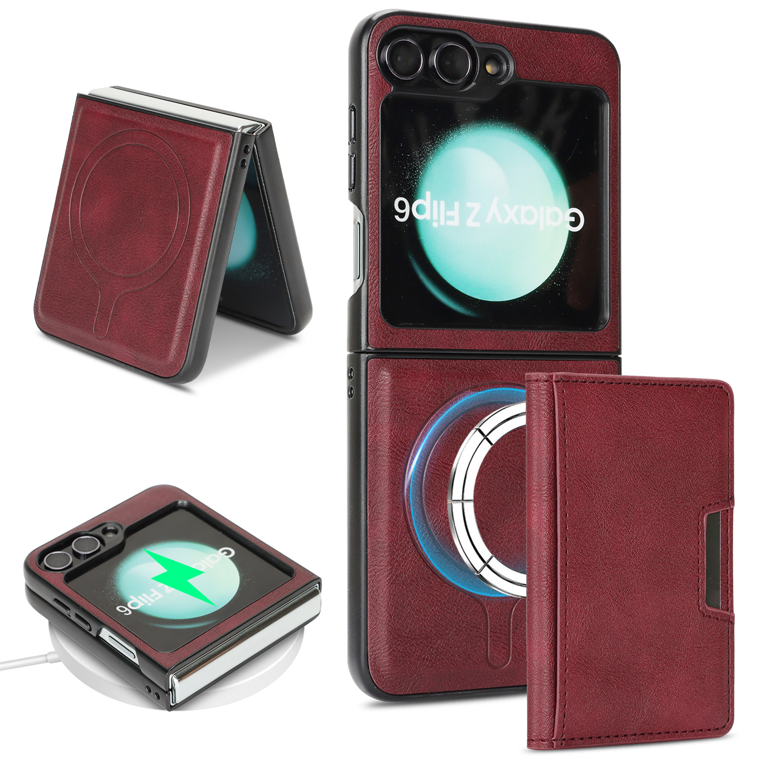 For Samsung Galaxy Z Flip6 5G Kickstand Case Bi-fold Card Bag PU Leather Coated TPU Cover Magnetic Case - Red