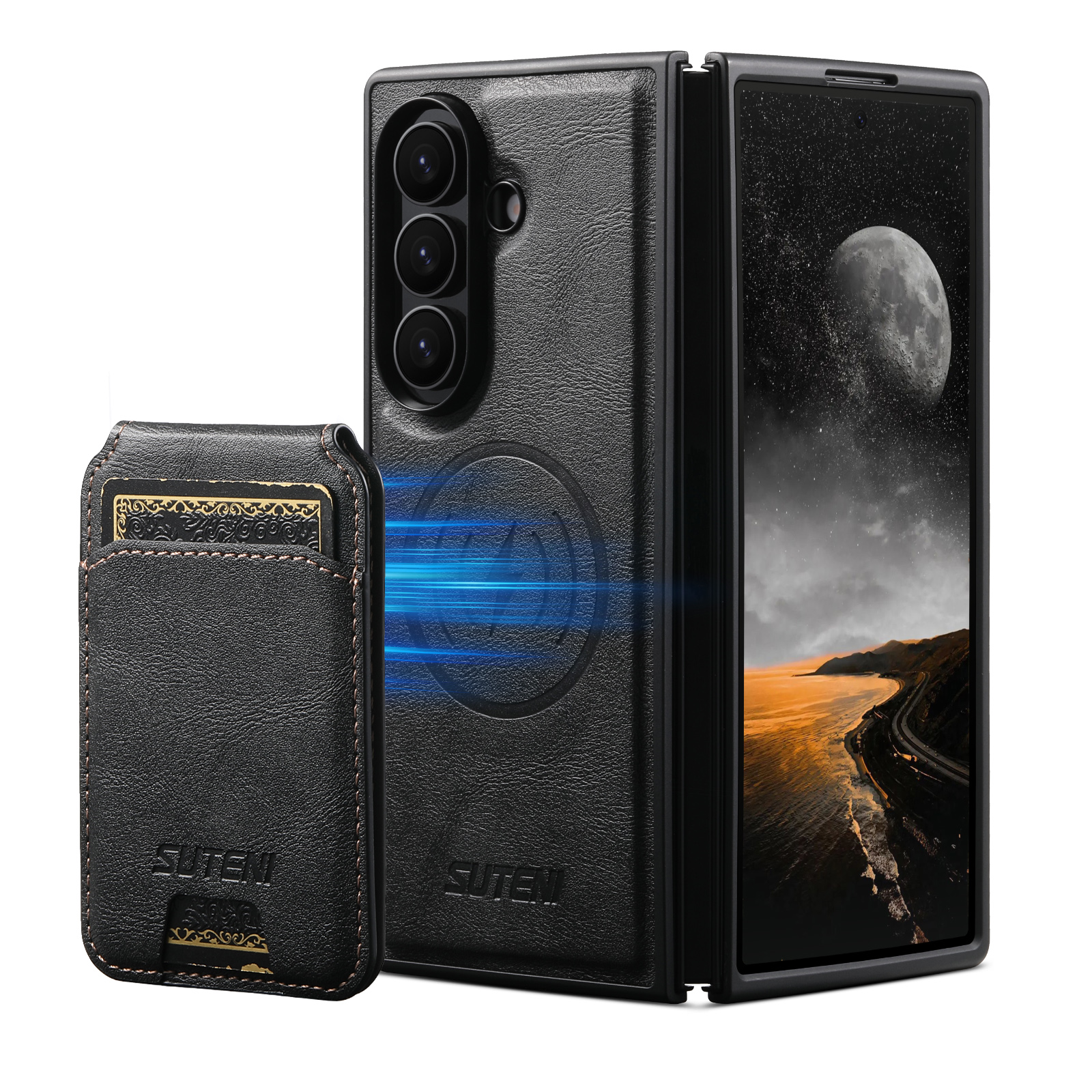 SUTENI M5 For Samsung Galaxy Z Fold7 5G Magnetic Case with Card Bag Cowhide Texture Leather Phone Back Cover - Black