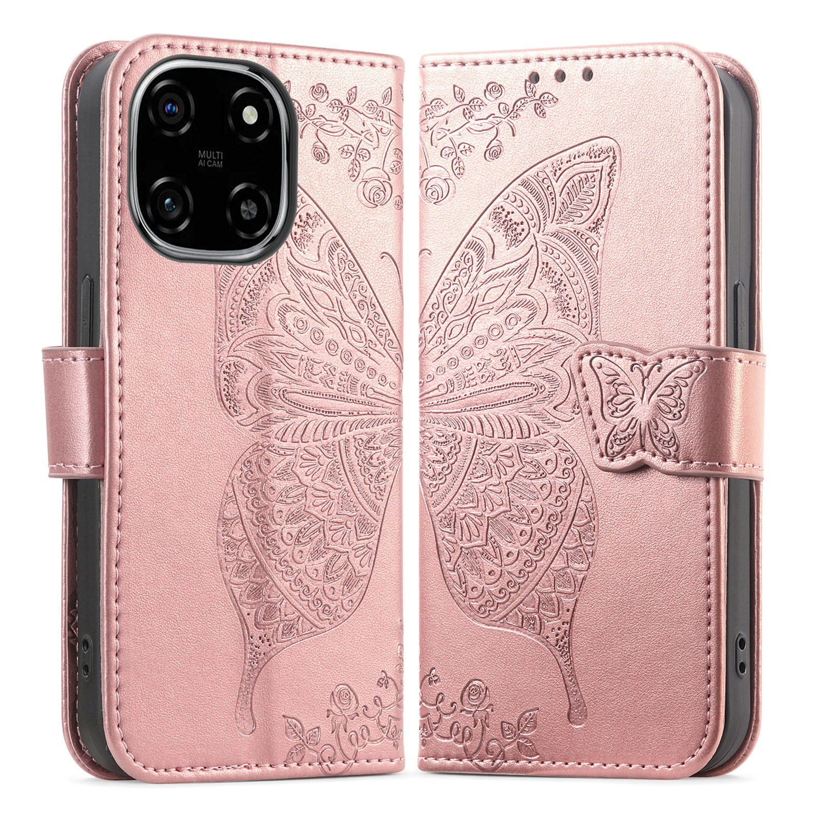 For Blackview Color 6 Case with Strap Butterfly Pattern PU Leather Wallet Phone Cover - Rose Gold