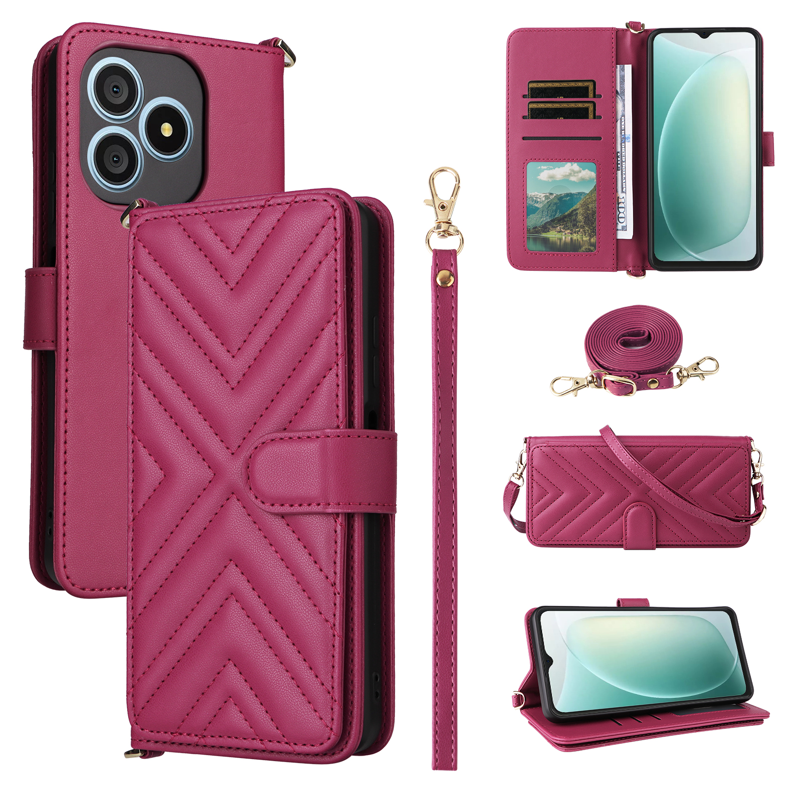 For Blackview Wave 9C Leather Case Stand Wallet Phone Cover with Shoulder / Wrist Strap - Rose
