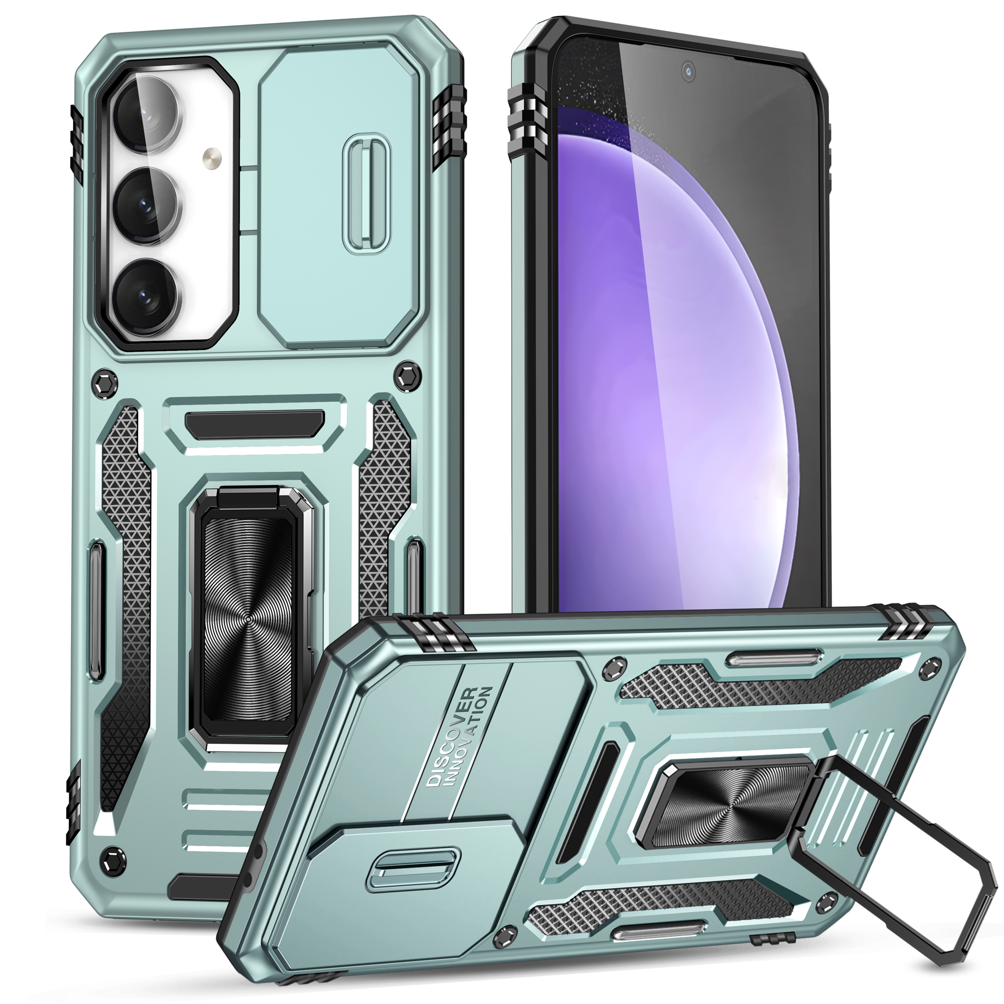 For Samsung Galaxy S25 FE Case Kickstand Slide Lens Lid PC + TPU Drop-Proof Phone Cover - Green