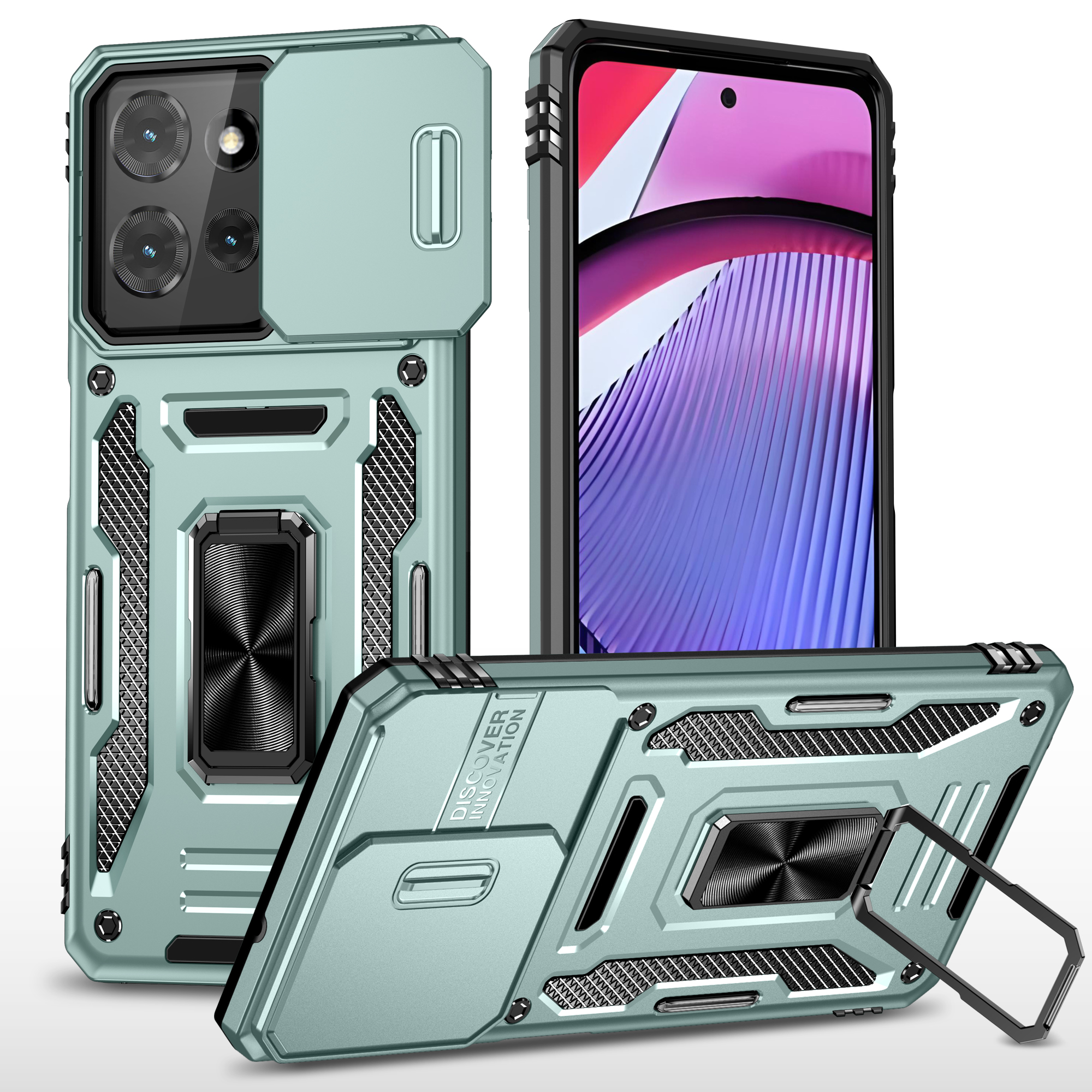 For Motorola Moto G Power (2025)  /  Moto G Play (2025) 5G Case Kickstand Slide Lens Lid PC + TPU Drop-Proof Phone Cover - Green
