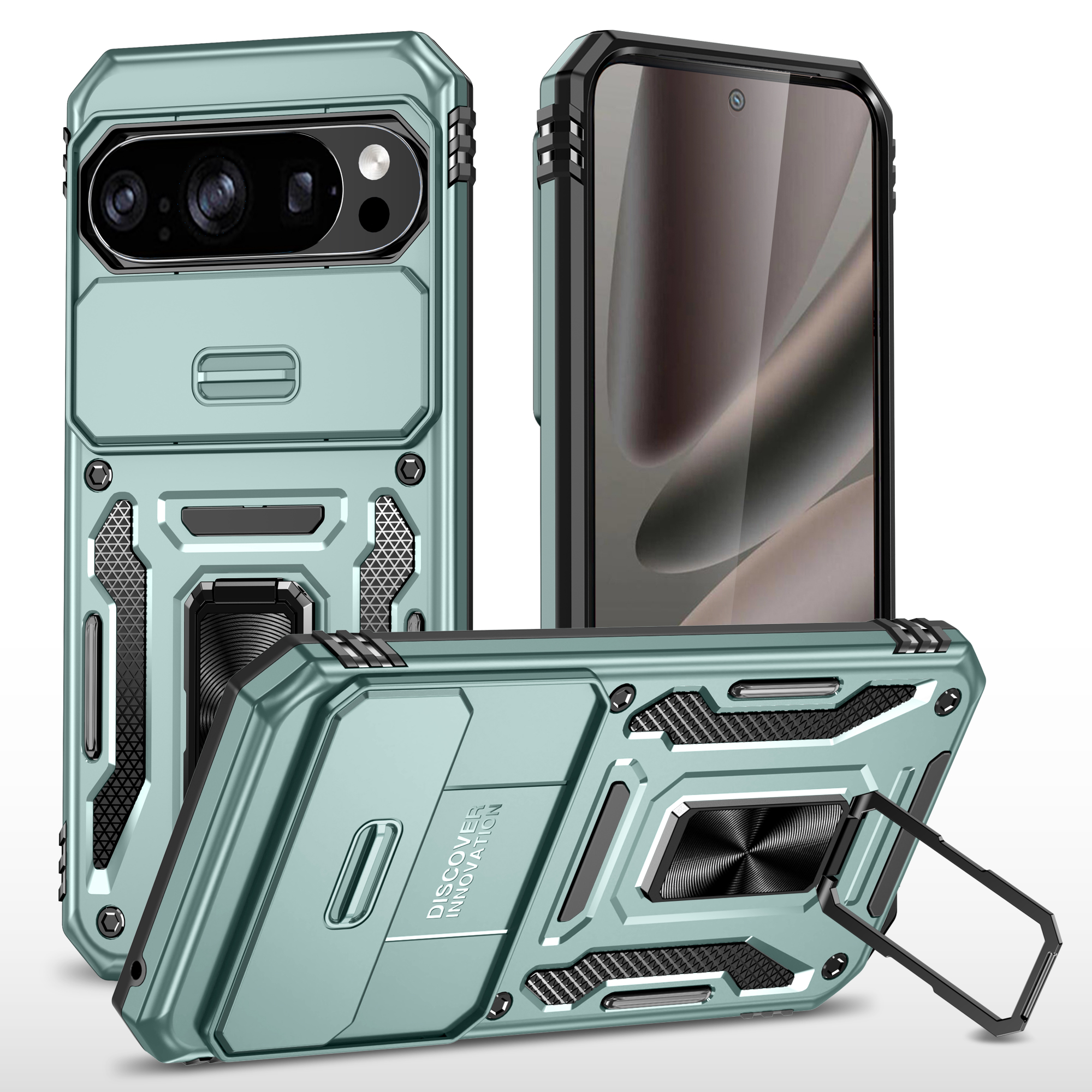 For Google Pixel 10 Pro XL Case Kickstand Slide Lens Lid PC + TPU Drop-Proof Phone Cover - Green