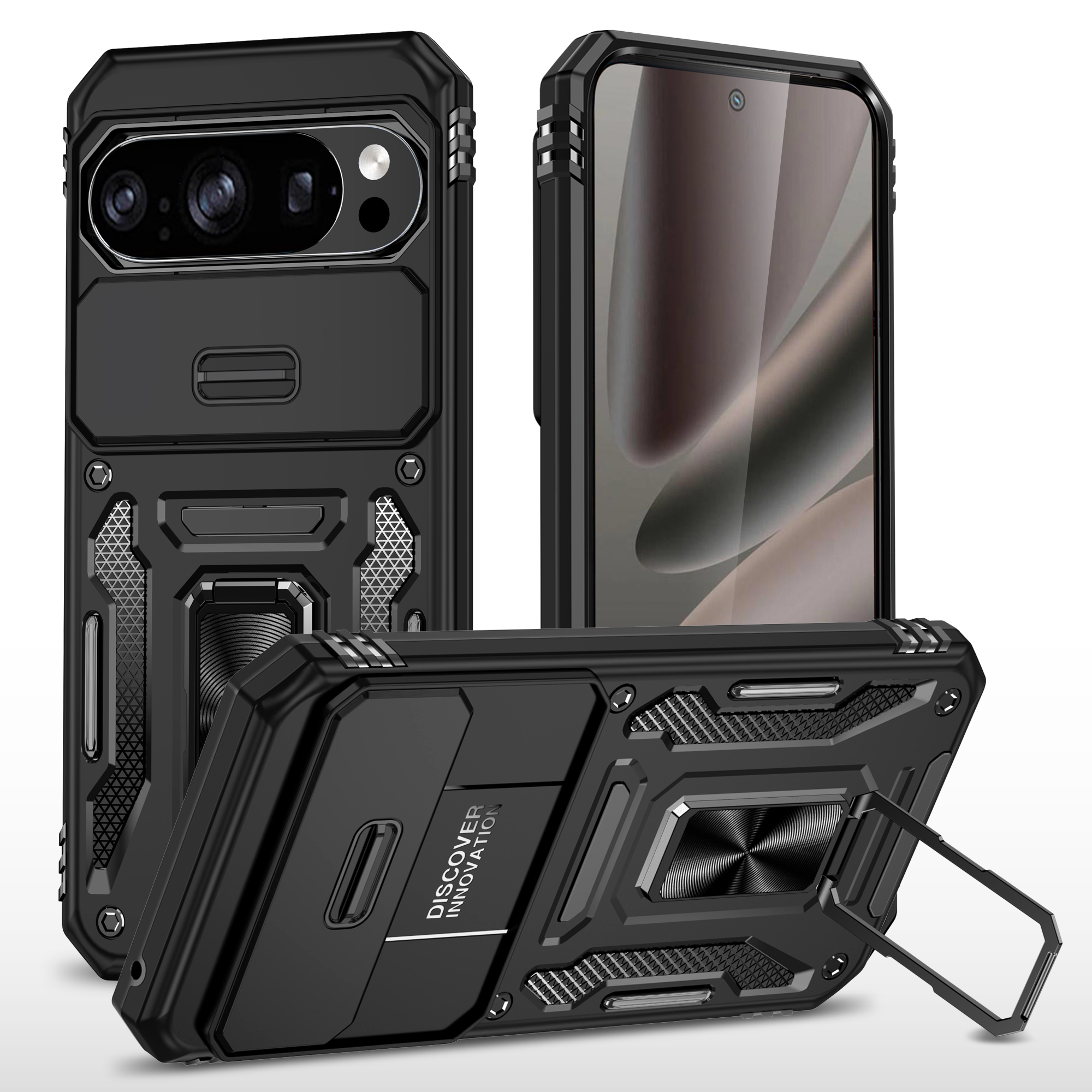 For Google Pixel 10 Pro XL Case Kickstand Slide Lens Lid PC + TPU Drop-Proof Phone Cover - Black
