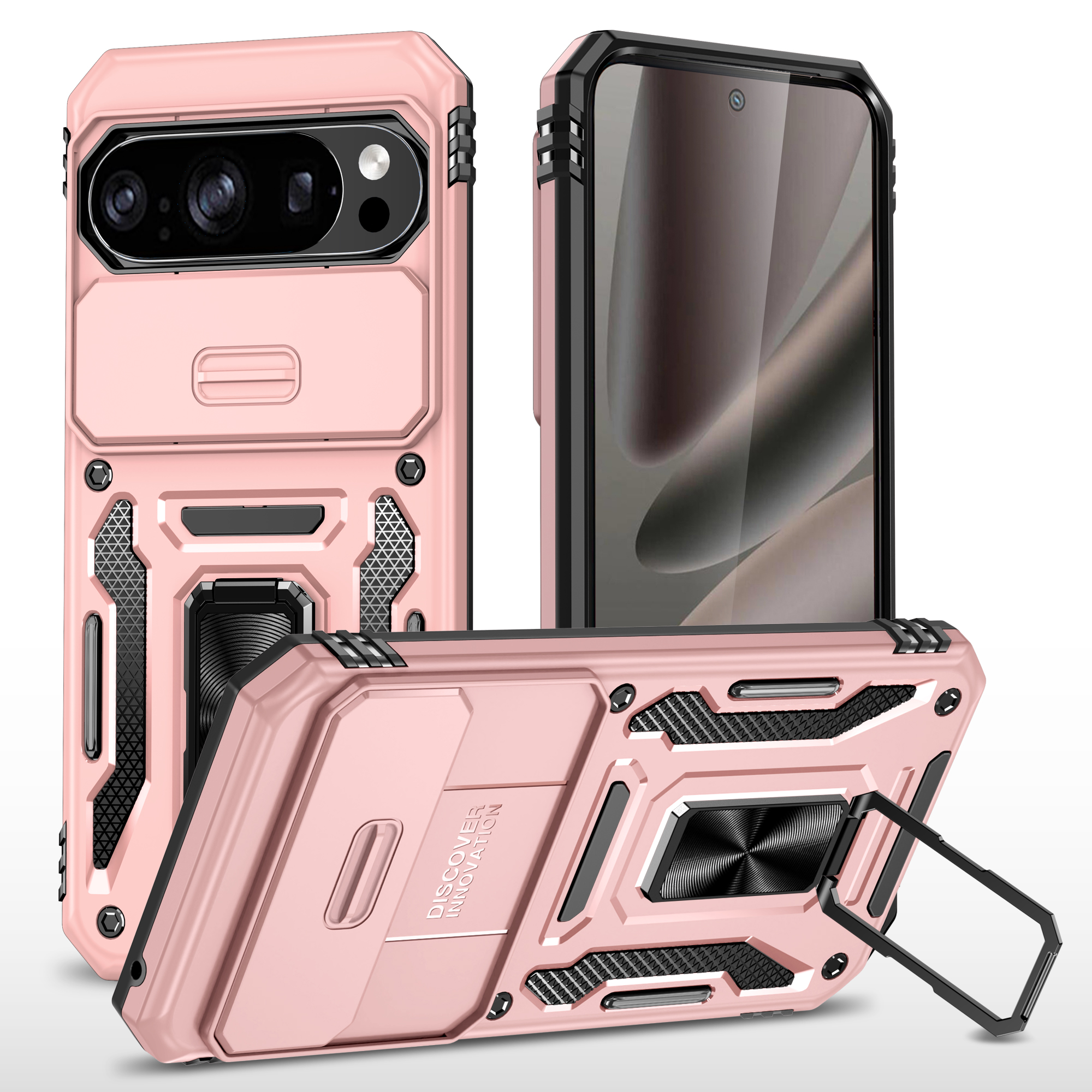 For Google Pixel 11 Pro XL / 10 Pro XL Case Kickstand Slide Lens Lid PC + TPU Drop-Proof Phone Cover - Rose Gold