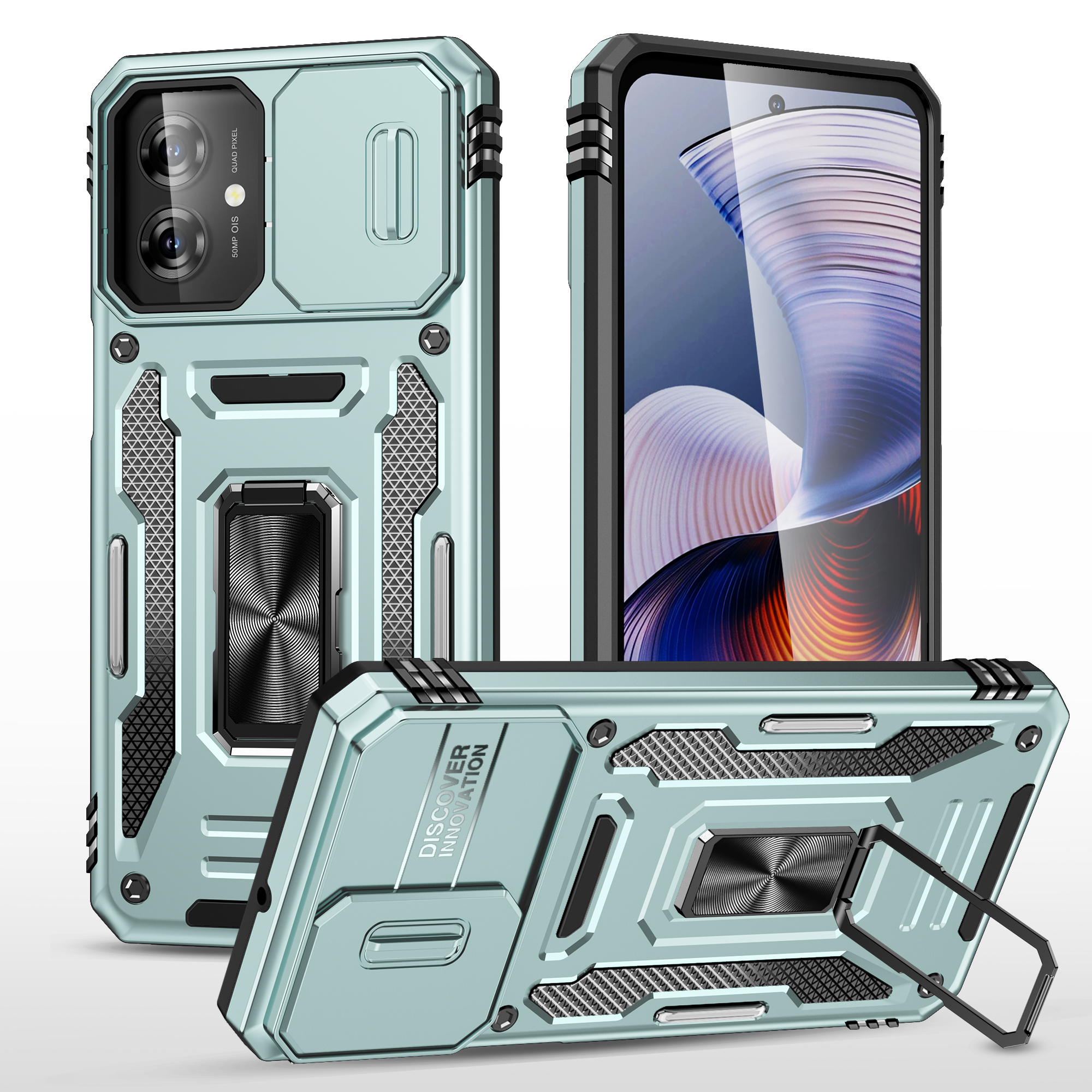 For Motorola Moto G55 5G Case Kickstand Slide Lens Lid PC + TPU Drop-Proof Phone Cover - Green