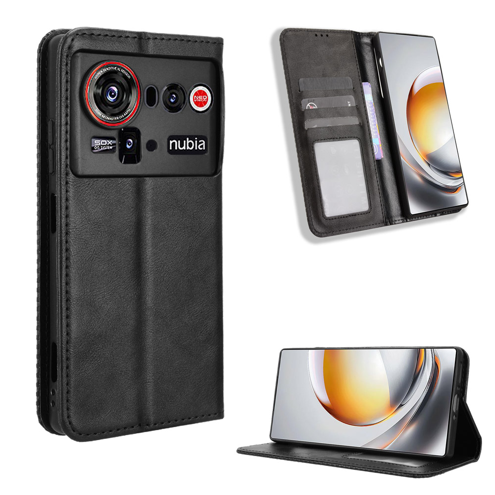 For ZTE nubia Z80 Ultra 5G Leather Case Wallet Stand Retro Texture Phone Cover - Black