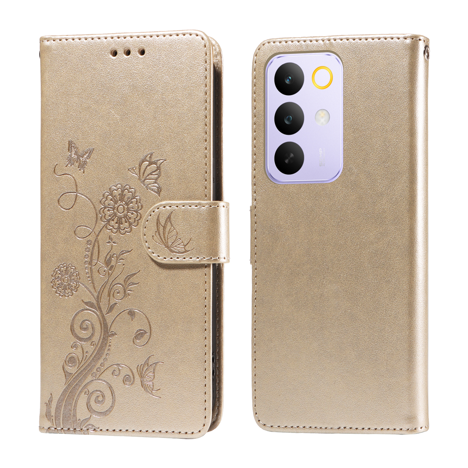 For Realme C85 Pro 4G Leather Case Butterfly Floral Imprint Wallet Stand Cover - Golden