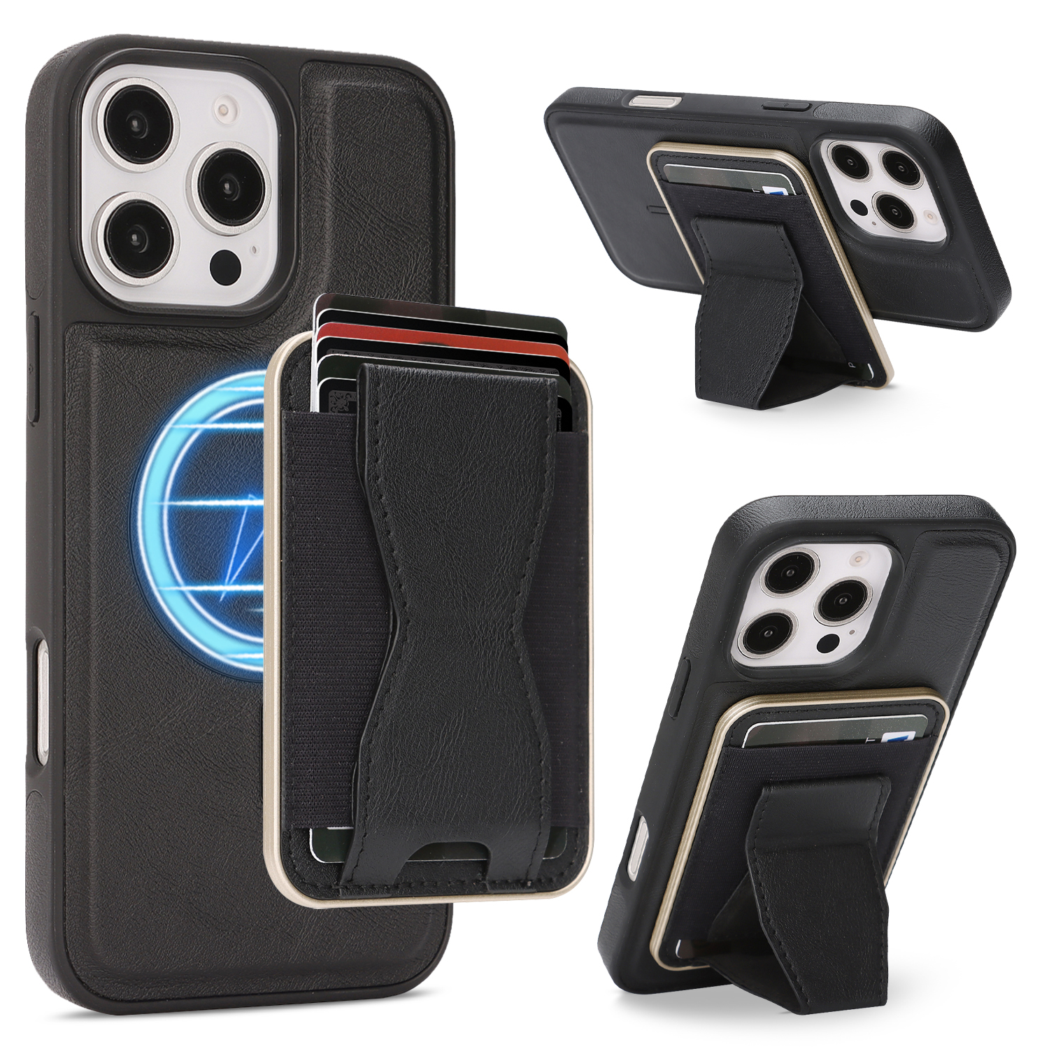 For iPhone 16 Pro Max Case Compatible with MagSafe Leather Back Phone Cover with Detachable Card Holder Kickstand - Black
