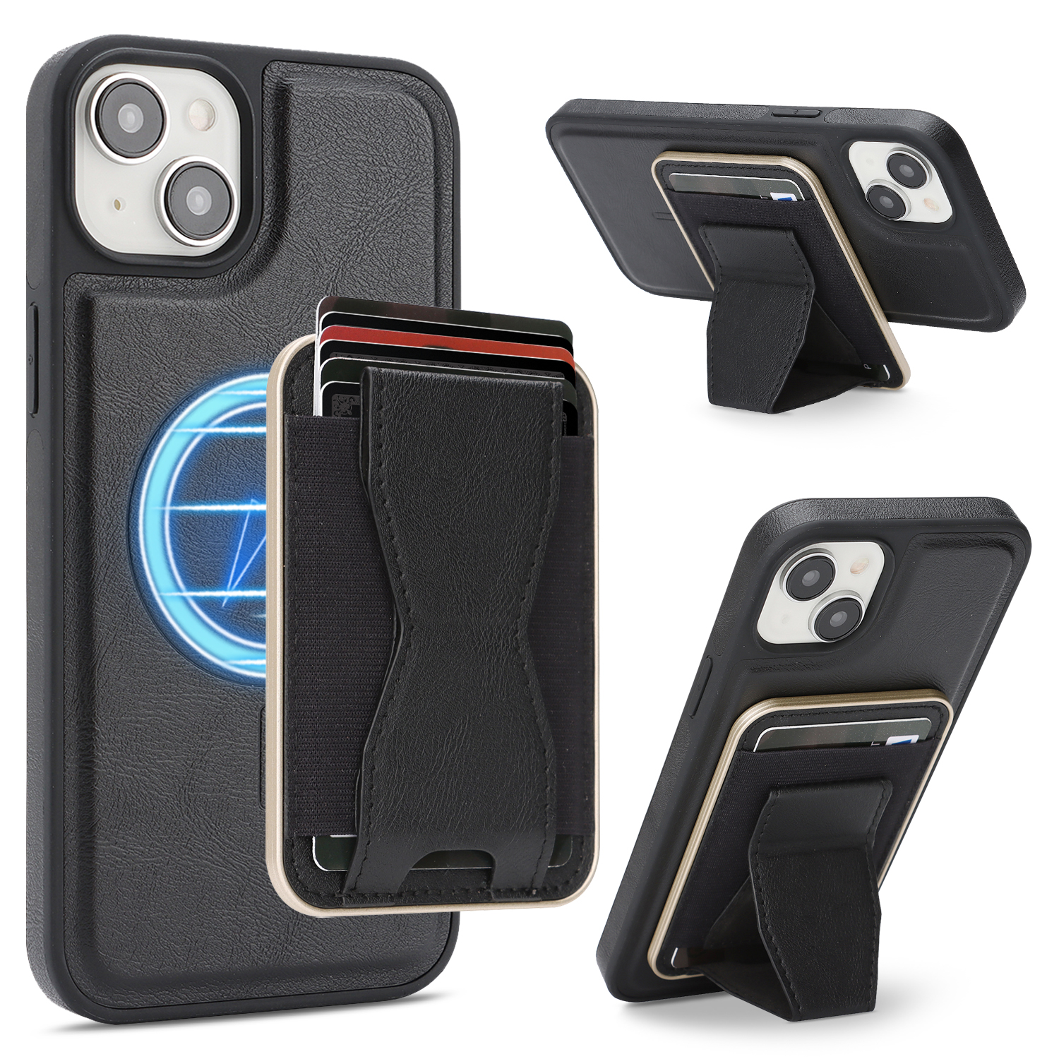 For iPhone 15 Case Compatible with MagSafe Leather Back Phone Cover with Detachable Card Holder Kickstand - Black