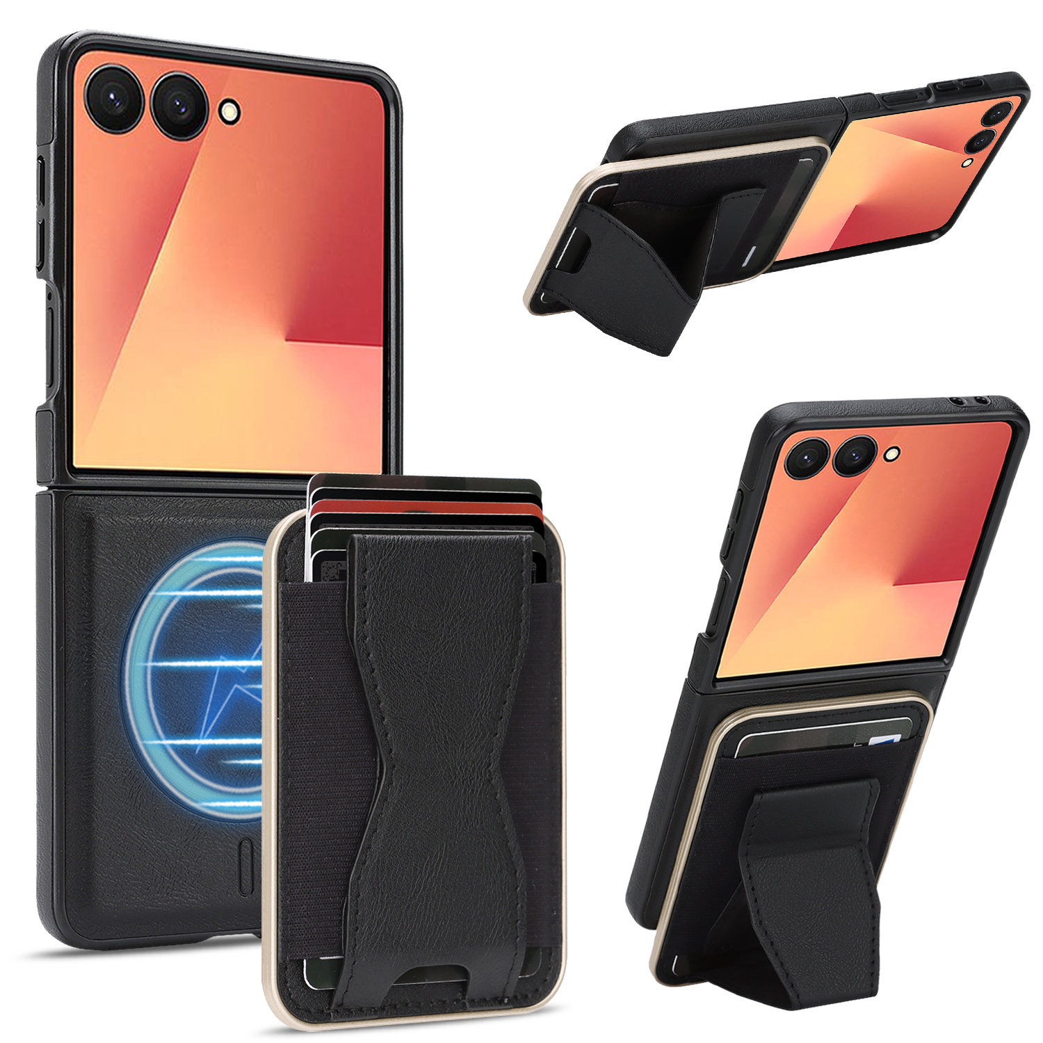 For Samsung Galaxy Z Flip7 5G Magnetic Case Leather Back Phone Cover with Detachable Card Holder Kickstand - Black
