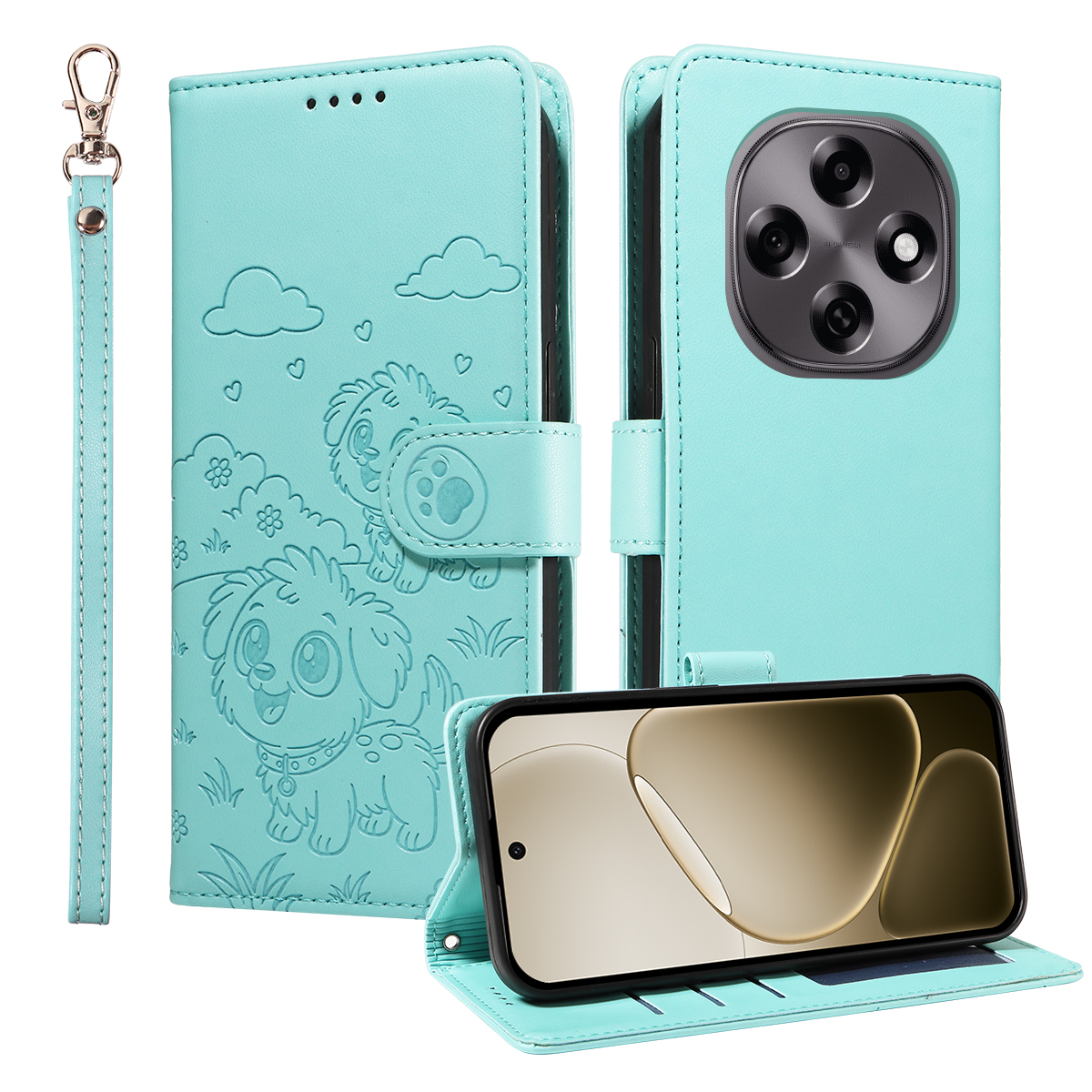 For Oppo F31 Pro 5G / Oppo A6 Pro 5G (China) Case RFID Blocking Imprinted Dog Pattern PU Leather Phone Cover with Wrist Strap - Green