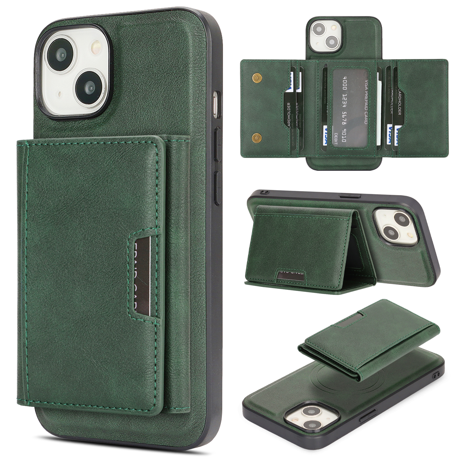 For iPhone 13 Kickstand Case Tri-fold Card Bag PU Leather Coated TPU Cover Compatible with MagSafe - Green
