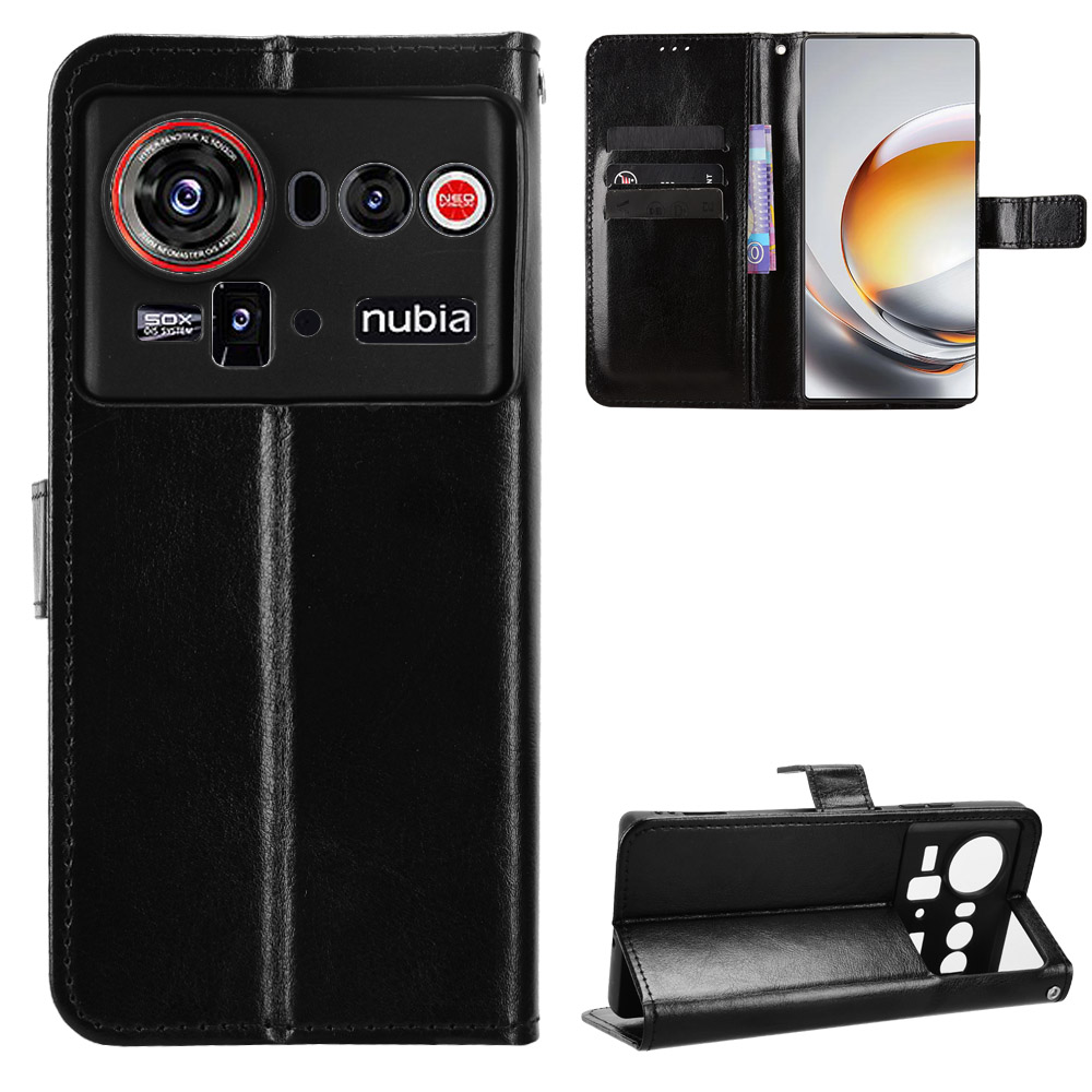 For ZTE nubia Z80 Ultra 5G PU Leather Case with Strap Crazy Horse Texture Phone Wallet Cover - Black