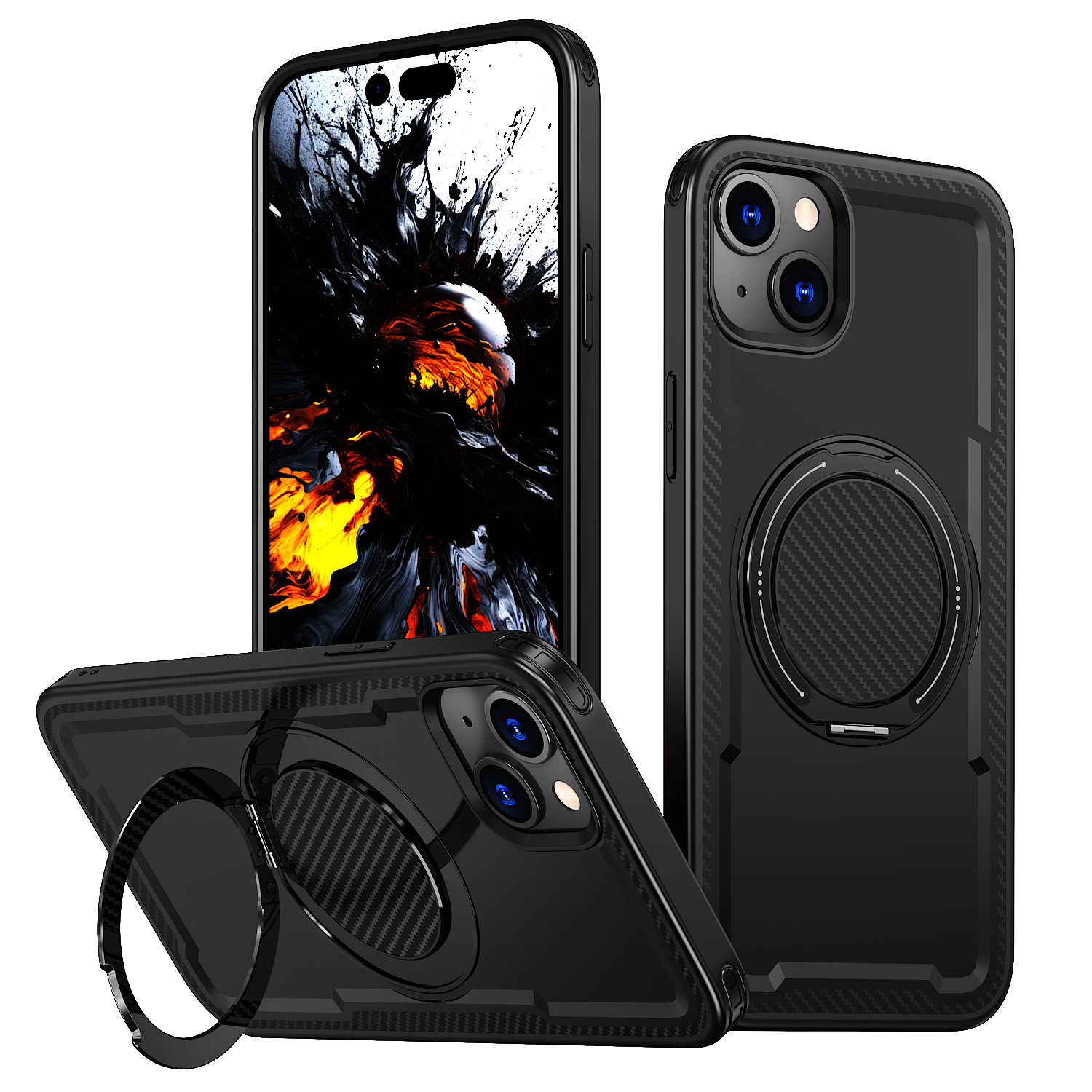 For iPhone 13 Case Compatible with MagSafe TPU + PC Phone Cover with Damping Rotating Stand - Black