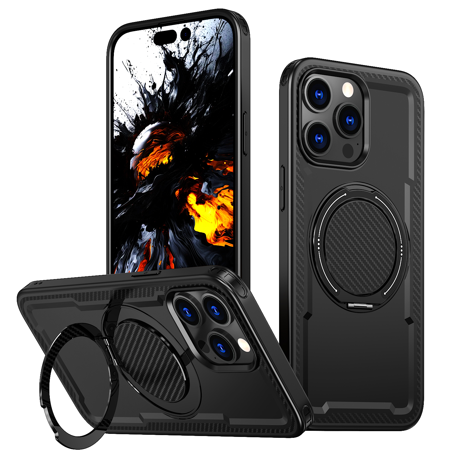 For iPhone 14 Pro Max Case Compatible with MagSafe TPU + PC Phone Cover with Damping Rotating Stand - Black