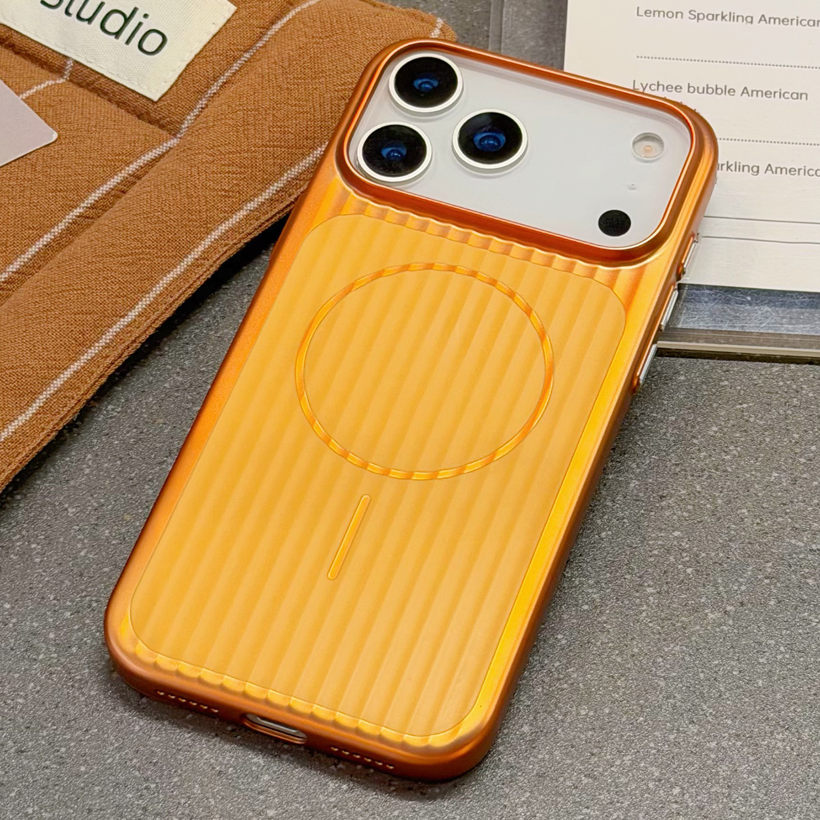 For iPhone 17 Pro Case Compatible with MagSafe Corrugated Texture Electroplating PC Phone Cover - Orange