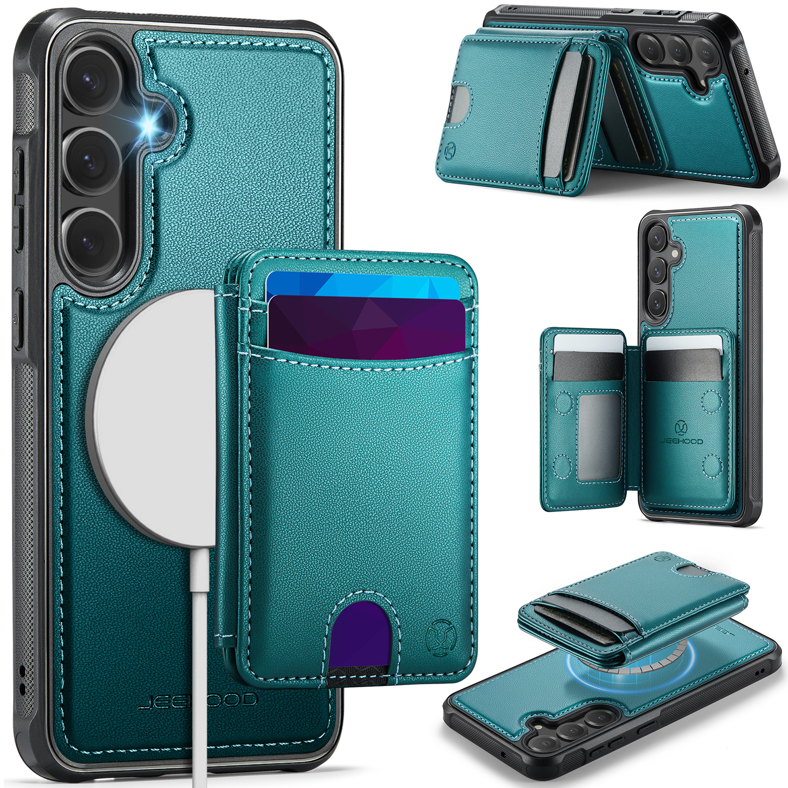 JEEHOOD For Samsung Galaxy S23 FE Magnetic Case  J10 Leather Back Phone Cover with Detachable Card Holder Kickstand - Blue