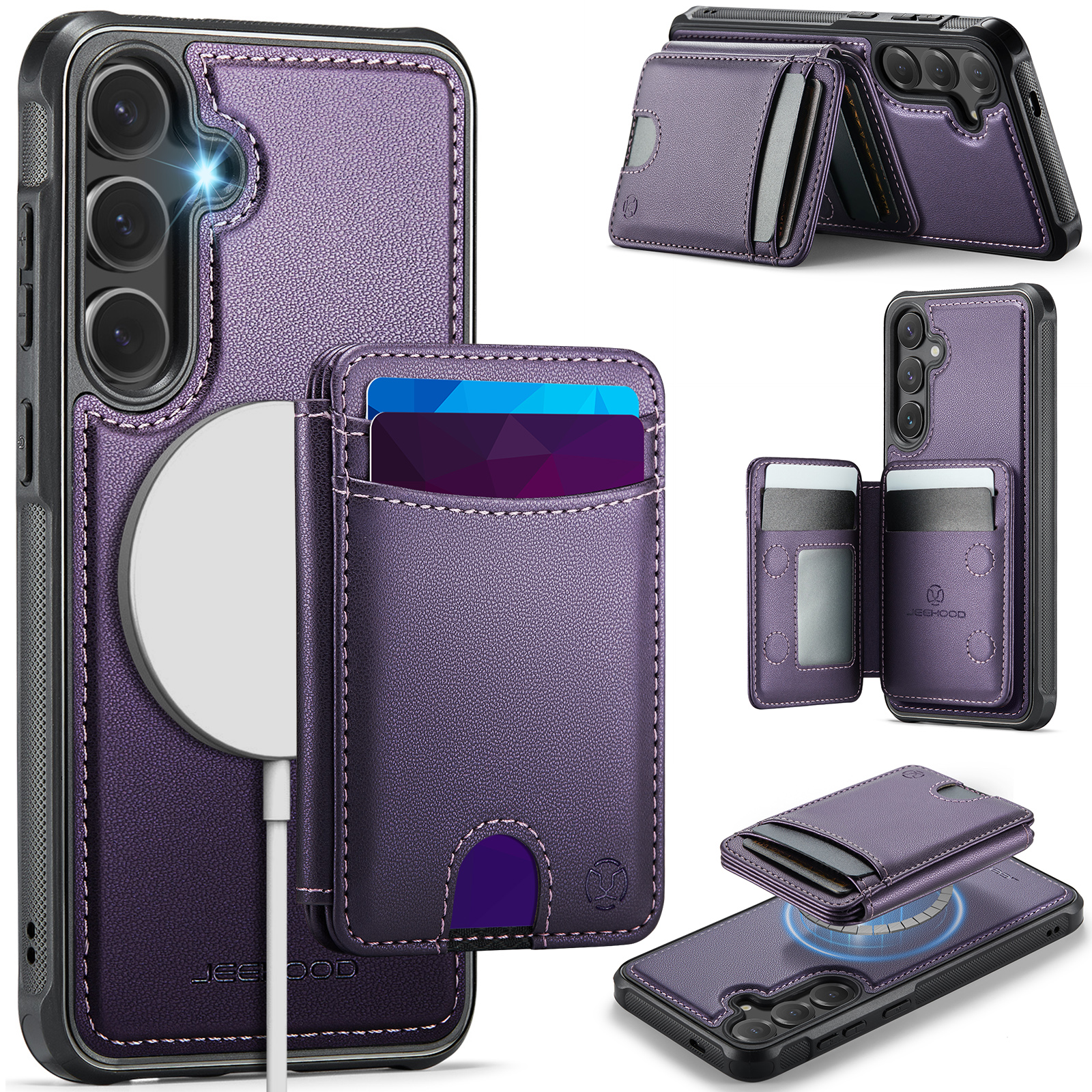 JEEHOOD For Samsung Galaxy S24 FE Magnetic Case  J10 Leather Back Phone Cover with Detachable Card Holder Kickstand - Purple