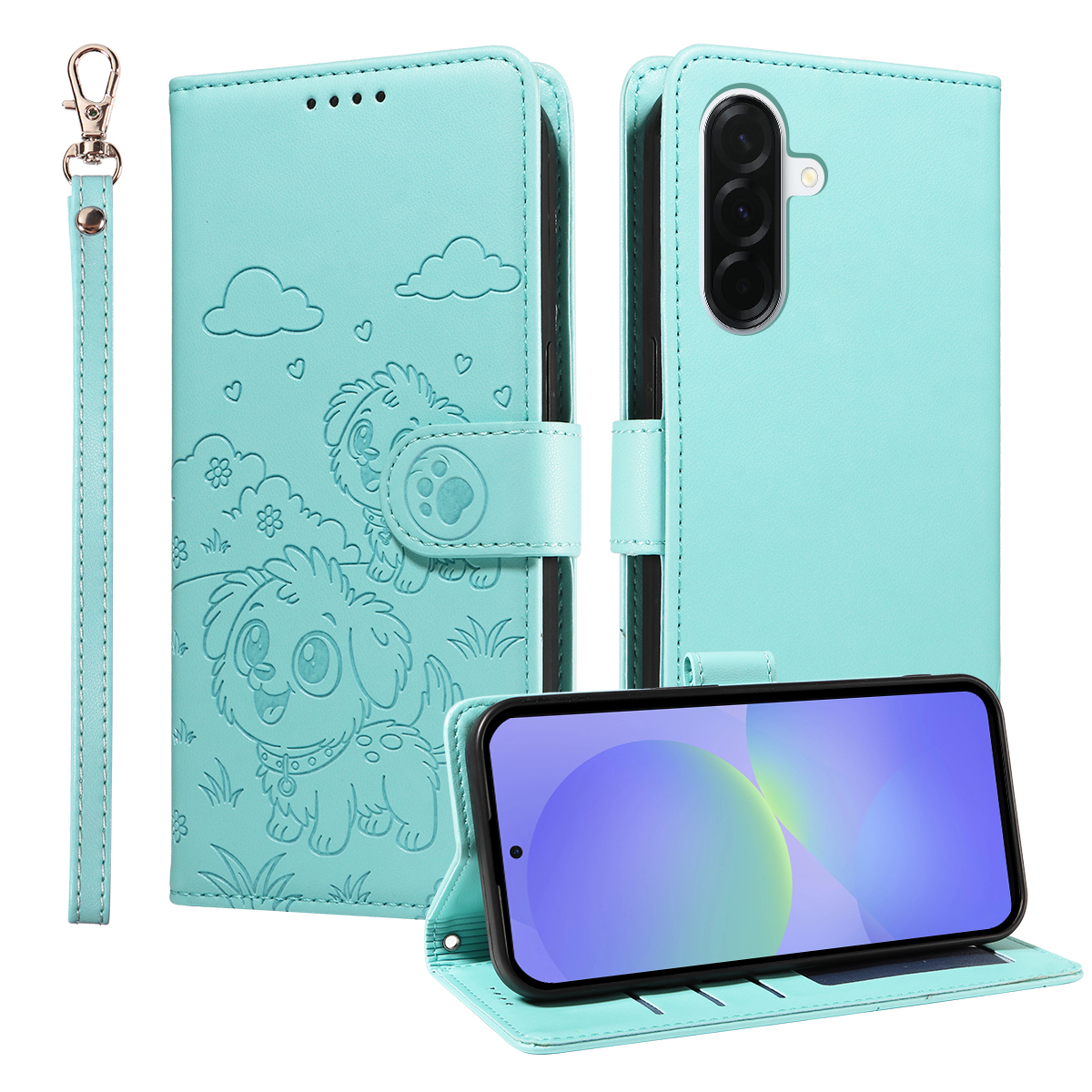 For Samsung Galaxy A37 5G Case RFID Blocking Imprinted Dog Pattern PU Leather Phone Cover with Wrist Strap - Green