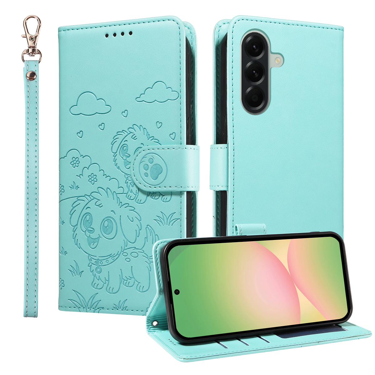 For Samsung Galaxy A57 5G Case RFID Blocking Imprinted Dog Pattern PU Leather Phone Cover with Wrist Strap - Green