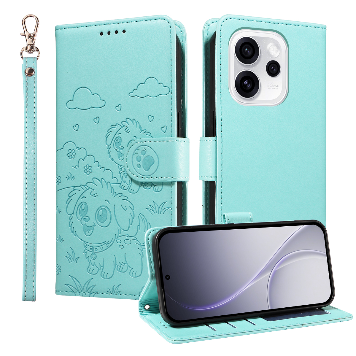 For Oppo Reno15 Pro Max 5G (Global) / Reno15 Pro 5G (China) Case RFID Blocking Imprinted Dog Pattern PU Leather Phone Cover with Wrist Strap - Green