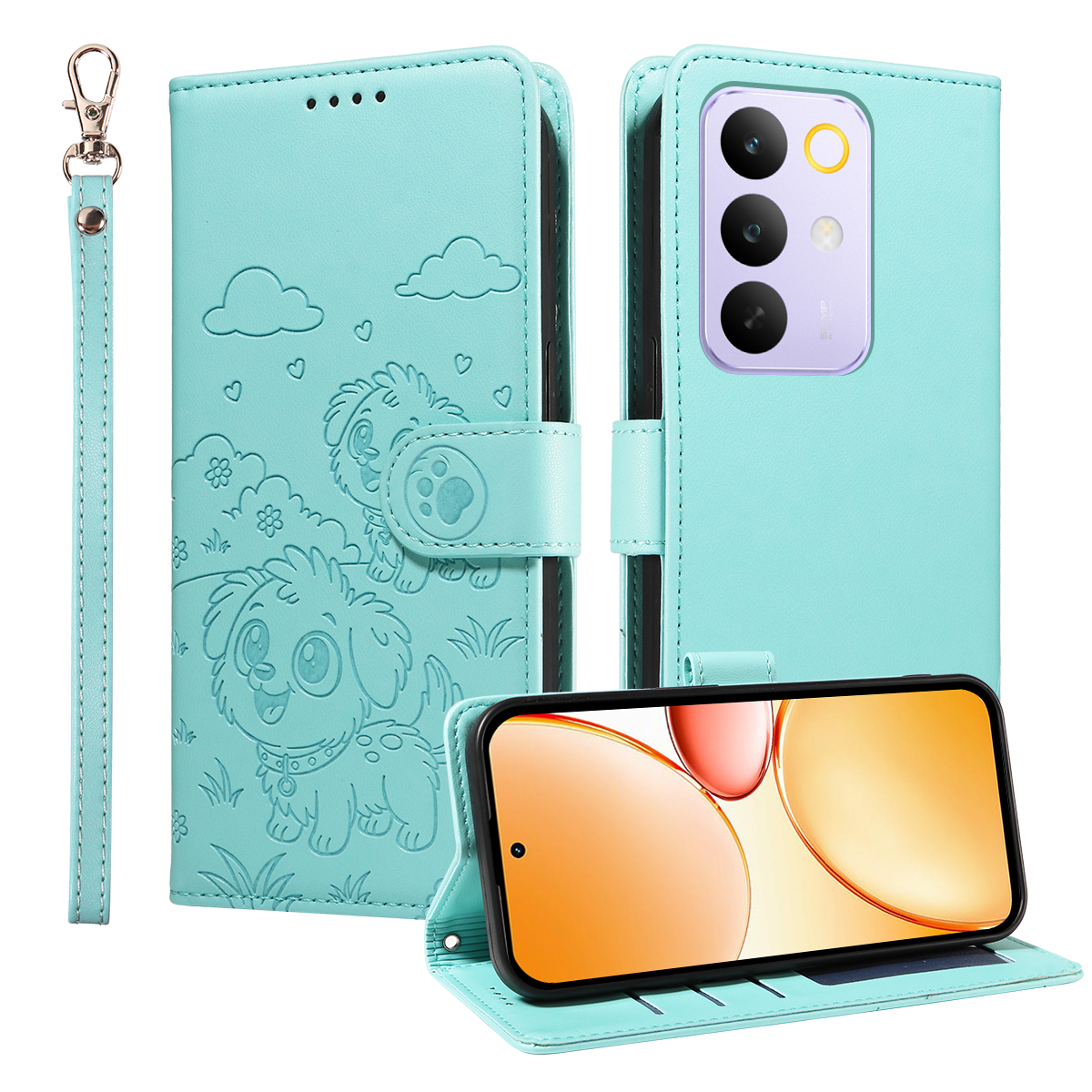 For Realme C85 Pro 4G Case RFID Blocking Imprinted Dog Pattern PU Leather Phone Cover with Wrist Strap - Green