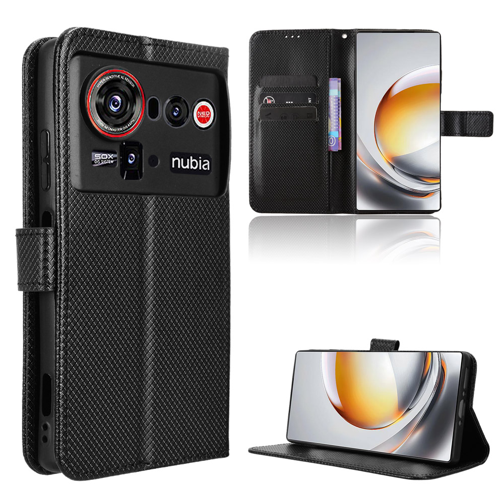 For ZTE nubia Z80 Ultra 5G Leather Wallet Case with Strap Diamond Texture Phone Cover - Black