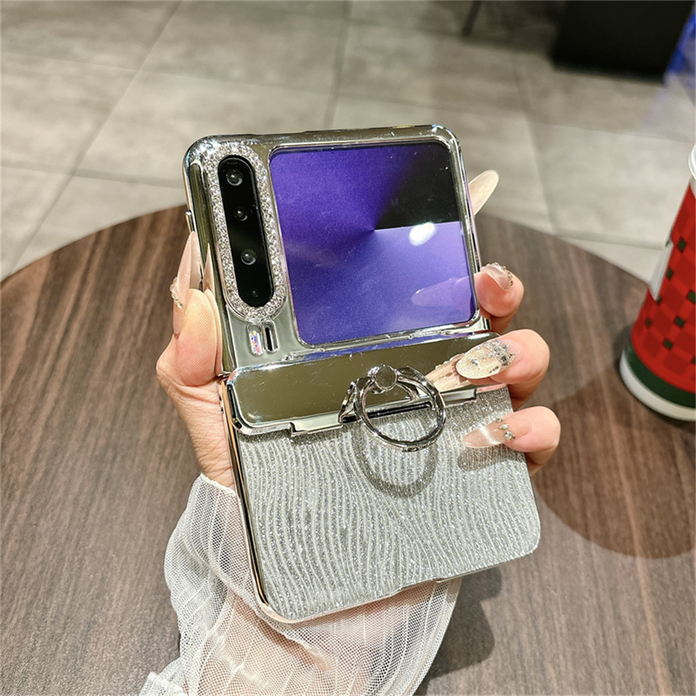 For Huawei Pura X Case with Ring Holder Ripple Texture Hard PC Phone Cover with Rear Screen Film - Silver