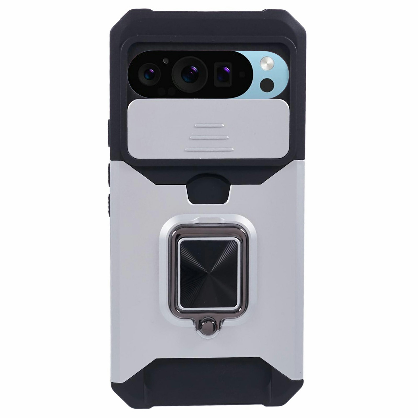 For Google Pixel 10 Pro XL Case Kickstand Slide Lens Lid PC + TPU Phone Cover with Card Slot - Silver