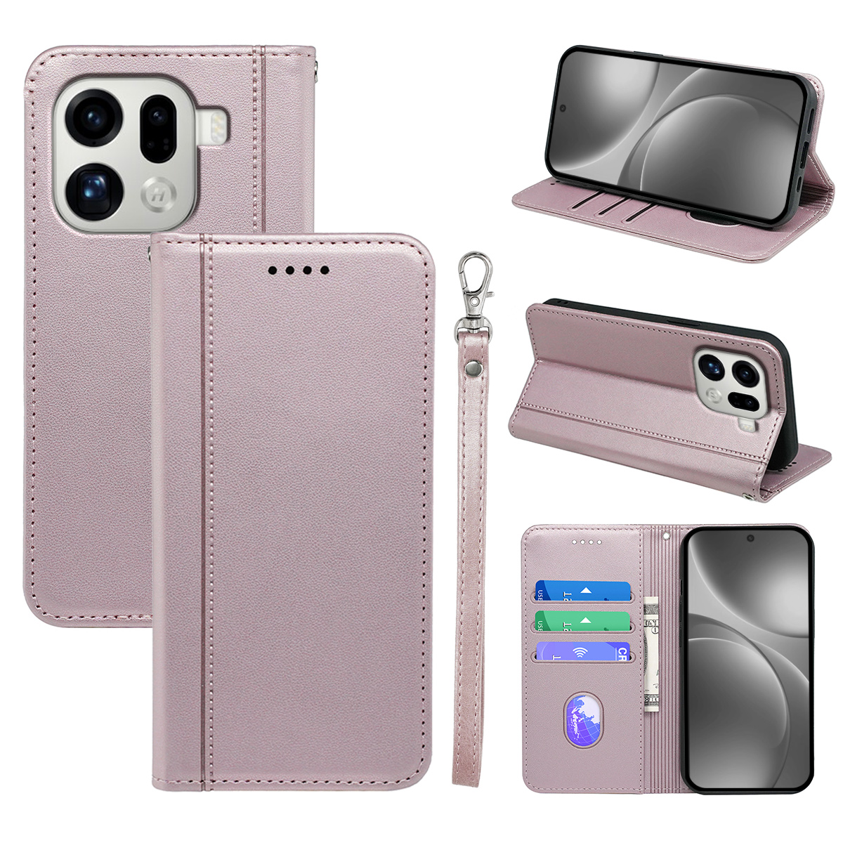 For Oppo Find X9 Pro 5G Wallet Case Magnetic Closing PU Leather Phone Cover with Wrist Strap - Rose Gold