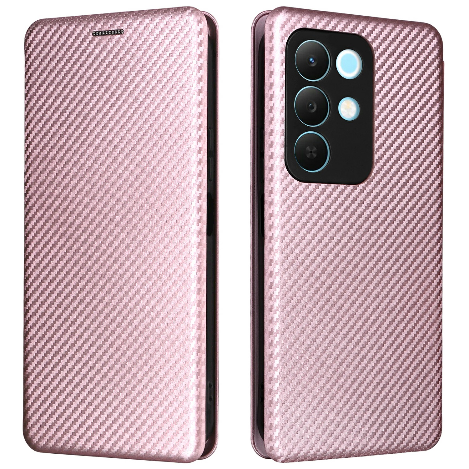 For Realme C85 5G / 15x (India) 5G Case Carbon Fiber Texture Drop-Proof PU Leather Phone Cover - Rose Gold