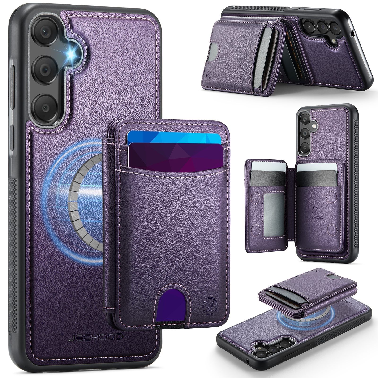 JEEHOOD For Samsung Galaxy A55 5G Magnetic Case  J10 Leather Back Phone Cover with Detachable Card Holder Kickstand - Purple