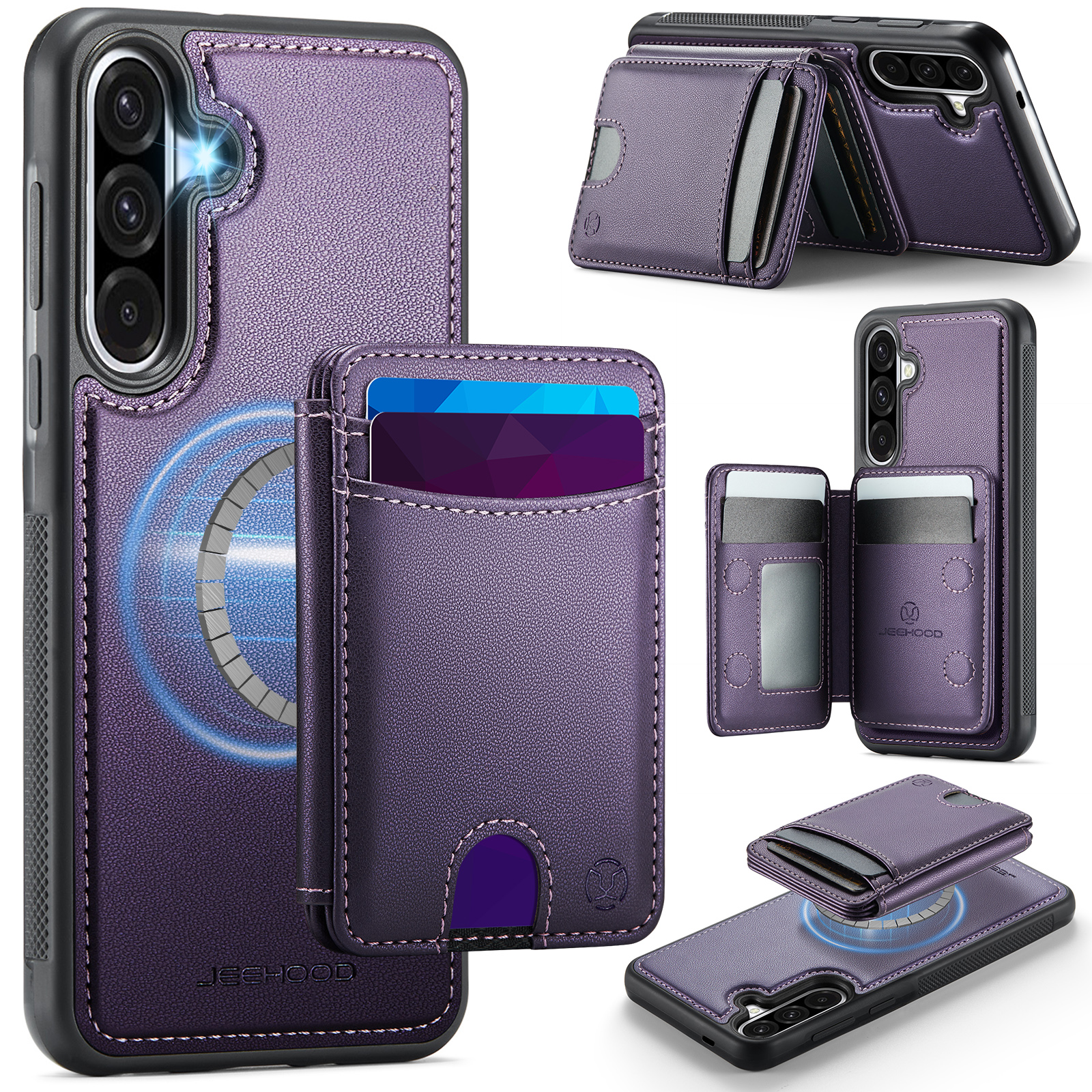 JEEHOOD For Samsung Galaxy A56 5G Magnetic Case  J10 Leather Back Phone Cover with Detachable Card Holder Kickstand - Purple
