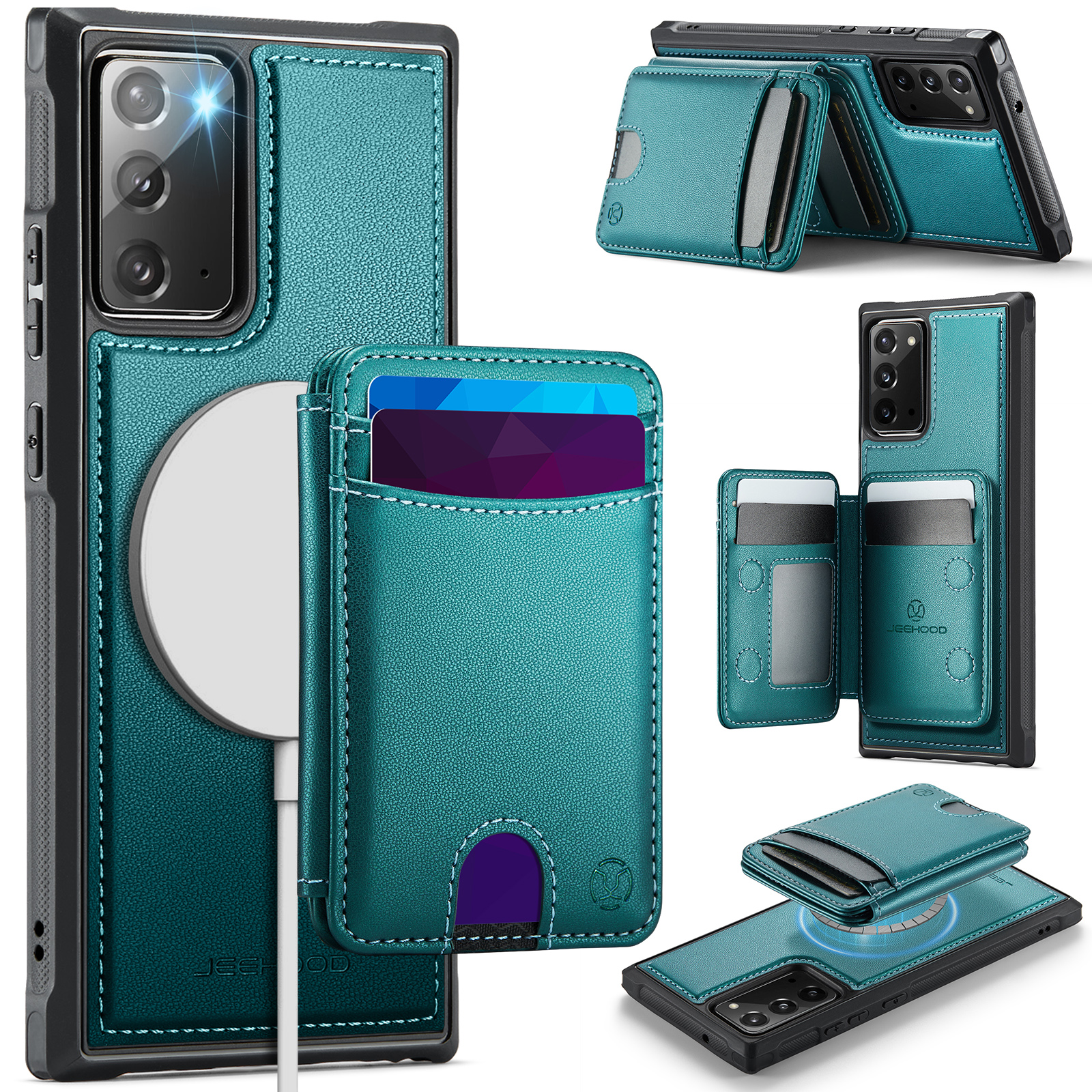 JEEHOOD For Samsung Galaxy Note20 Magnetic Case  J10 Leather Back Phone Cover with Detachable Card Holder Kickstand - Blue