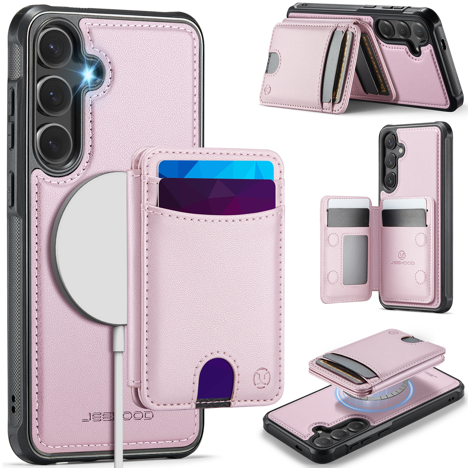JEEHOOD For Samsung Galaxy S25+ Magnetic Case  J10 Leather Back Phone Cover with Detachable Card Holder Kickstand - Pink