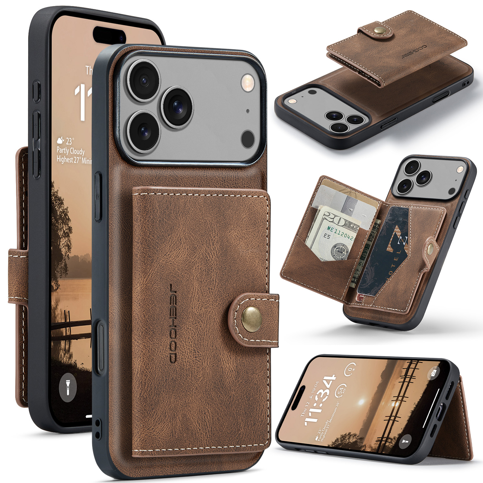 JEEHOOD For iPhone 17 Pro Case  J01 Retro Leather + TPU Phone Cover Detachable Magnetic Card Holder - Brown